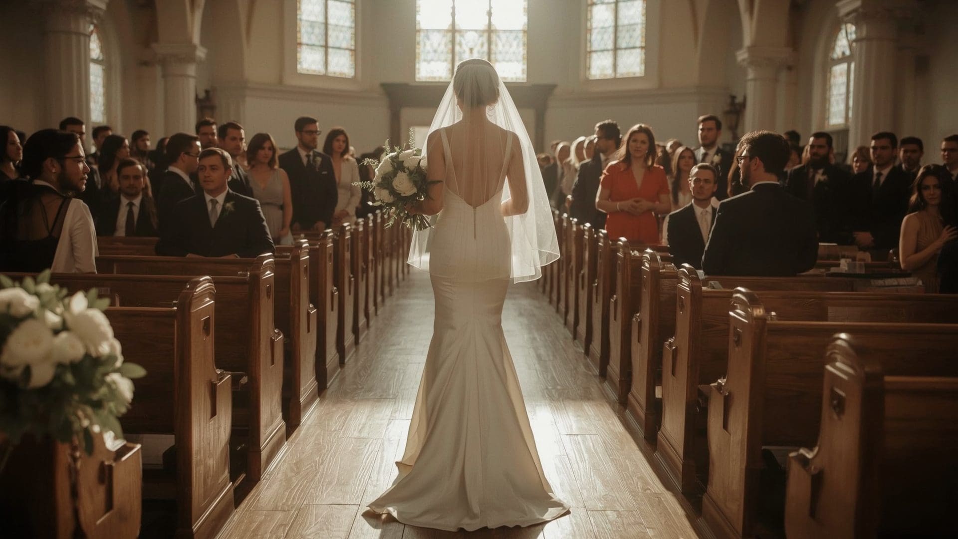 Bride walking down sunlit church aisle during wedding ceremony processional