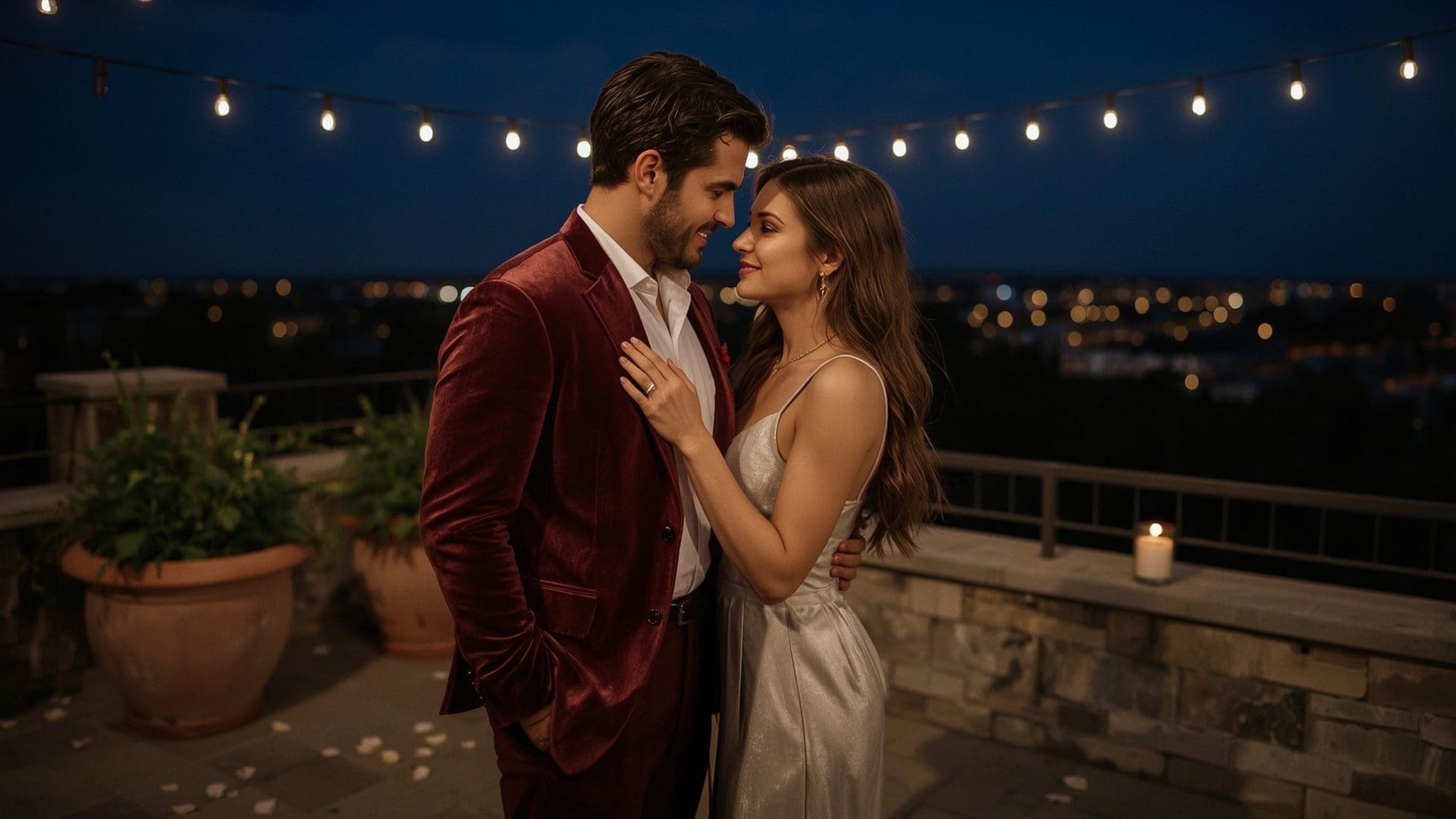 Couple dancing on candlelit terrace at dusk with city skyline in background