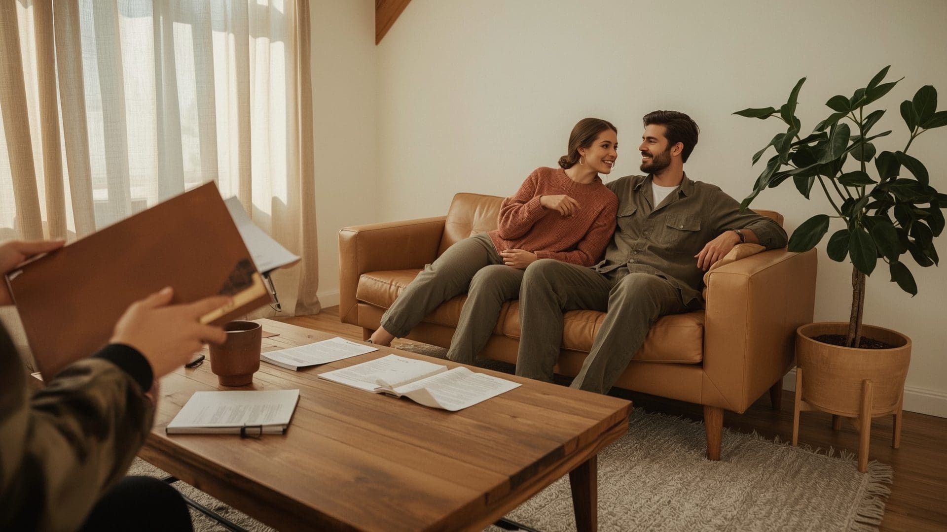 Couple meeting with wedding DJ reviewing planning documents in cozy lounge setting