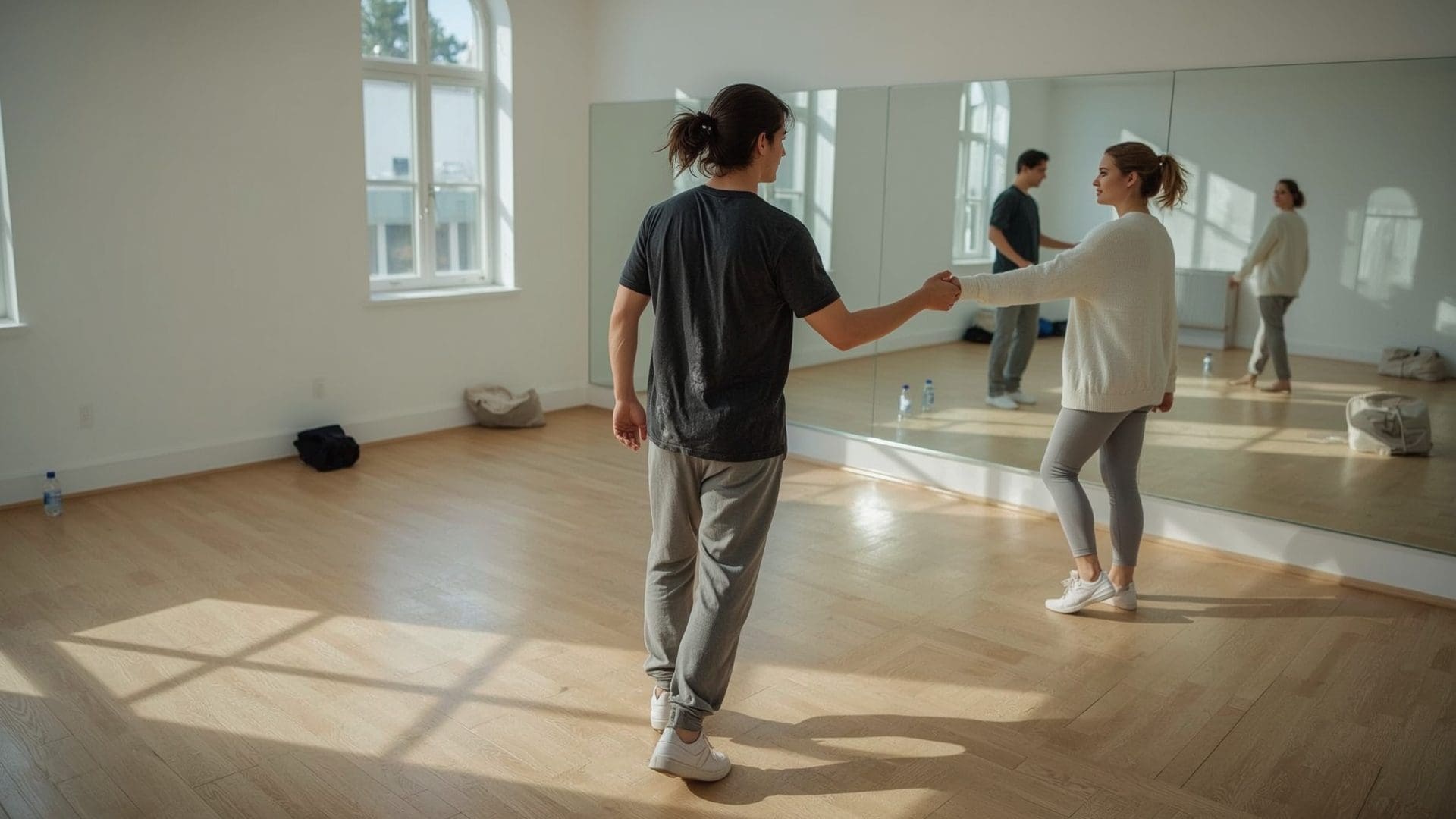 Couple practicing first dance moves together in bright sunlit dance studio