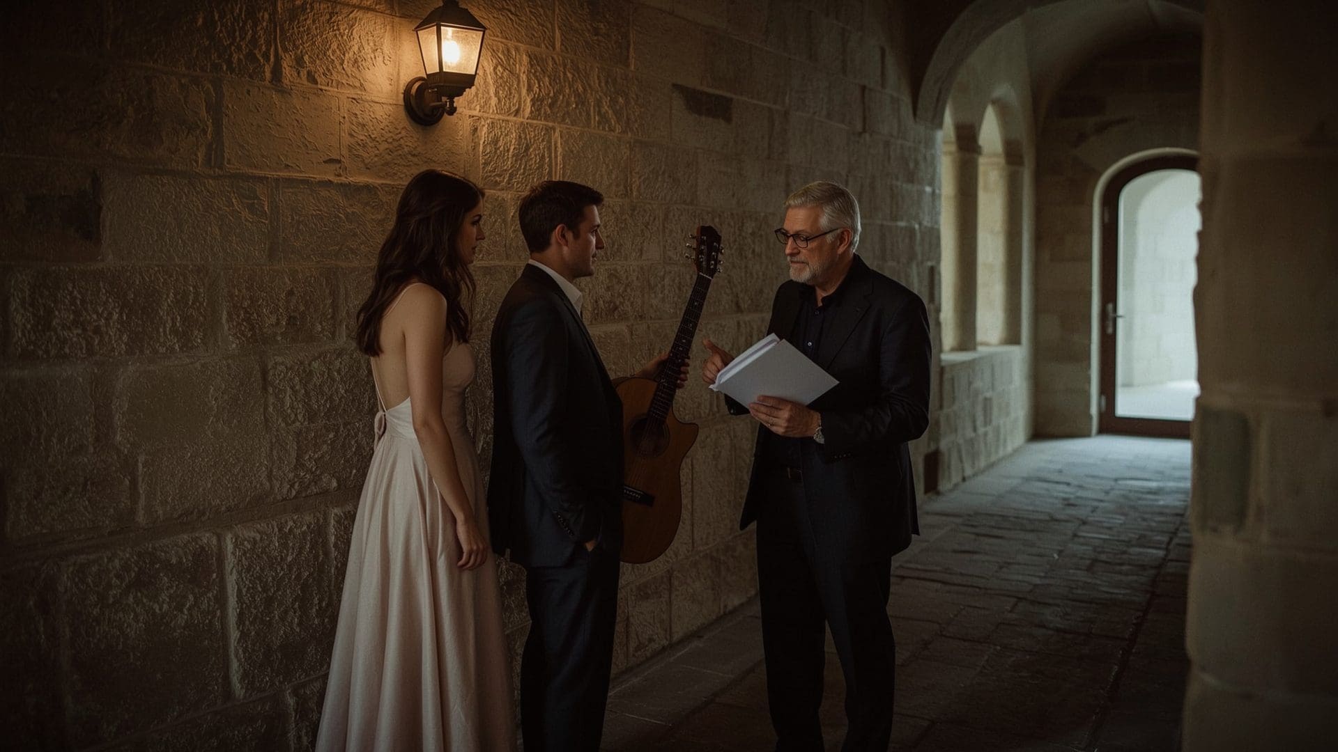 Couple reviewing wedding music plan with guitarist in church hallway before ceremony