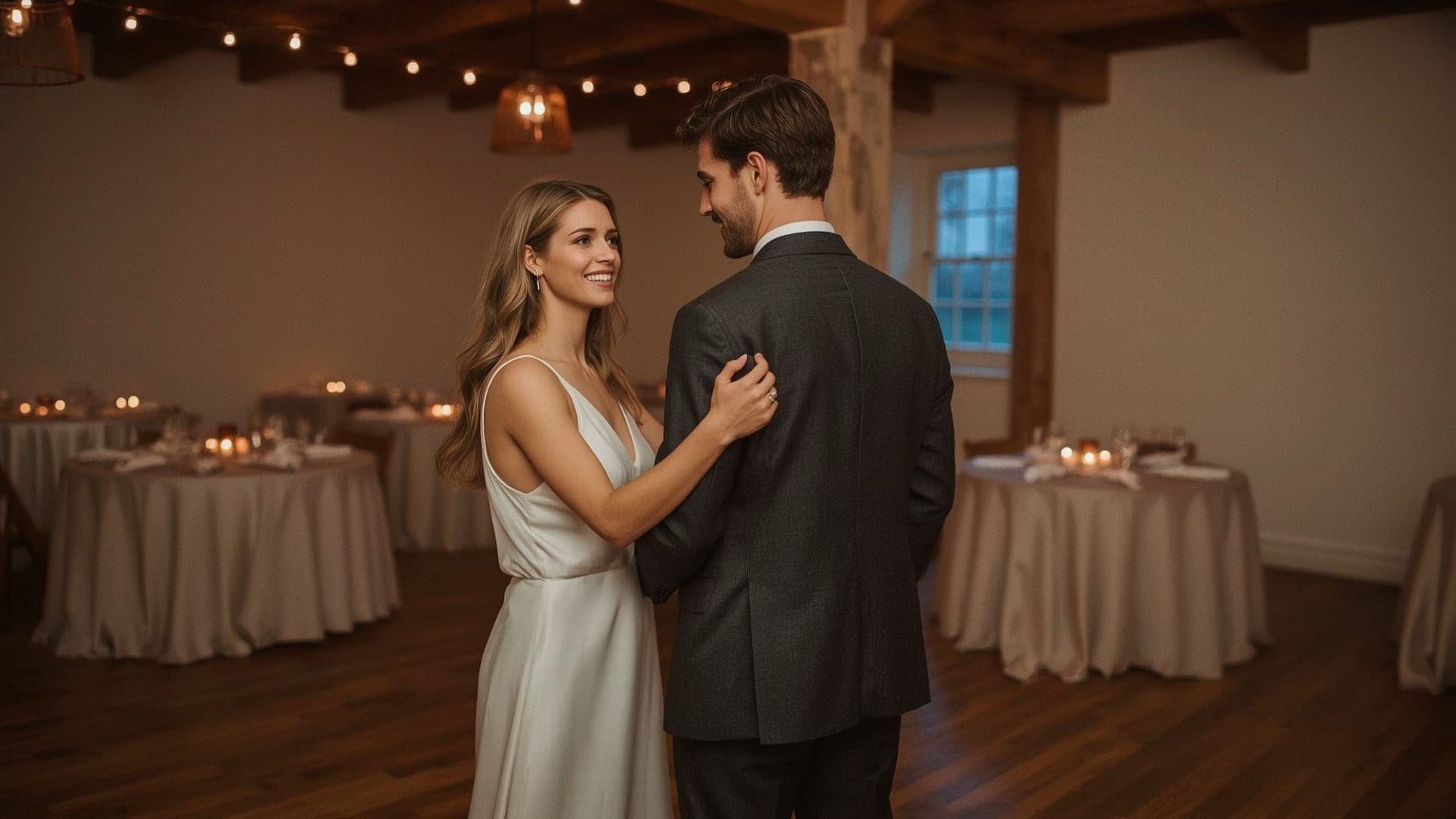 Couple sharing intimate first dance under warm pendant lights at wedding reception