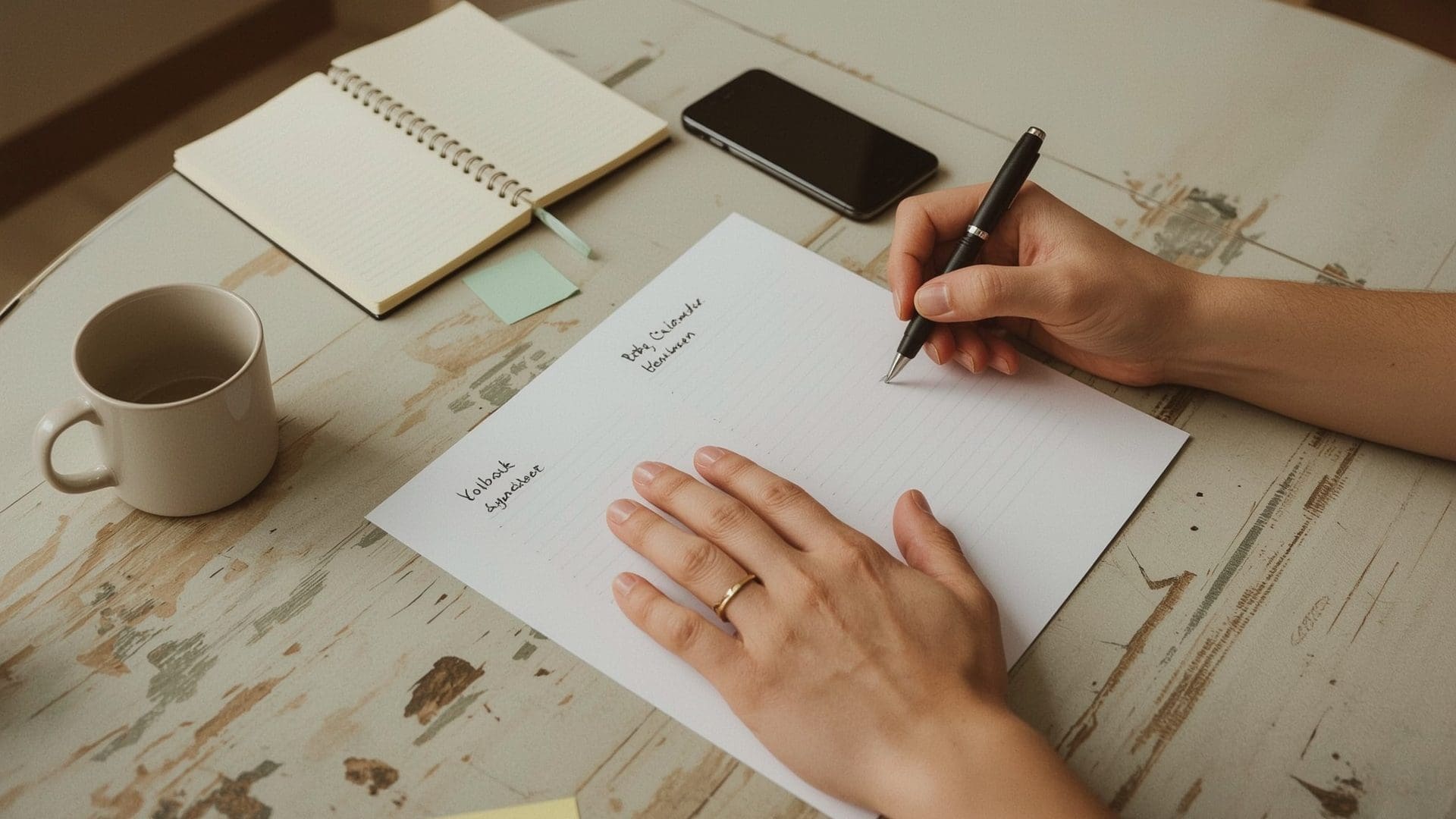 Couple writing wedding ceremony music cue sheet at farmhouse table planning