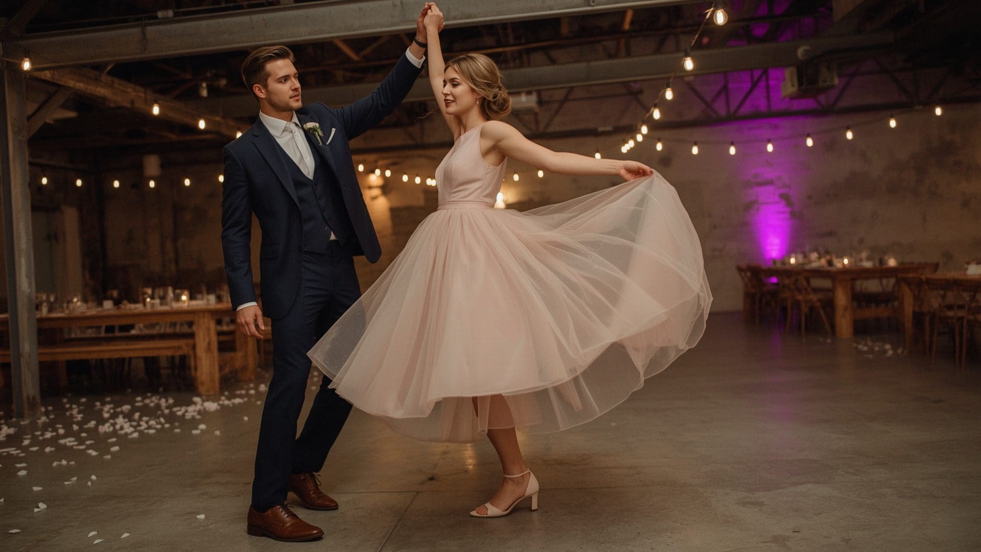 Joyful couple spinning during upbeat first dance at rustic industrial wedding venue