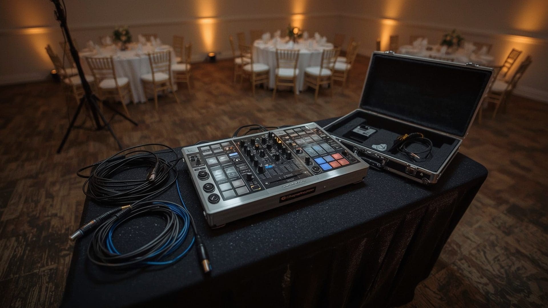 Professional wedding DJ equipment setup with controller mixer and wireless microphones
