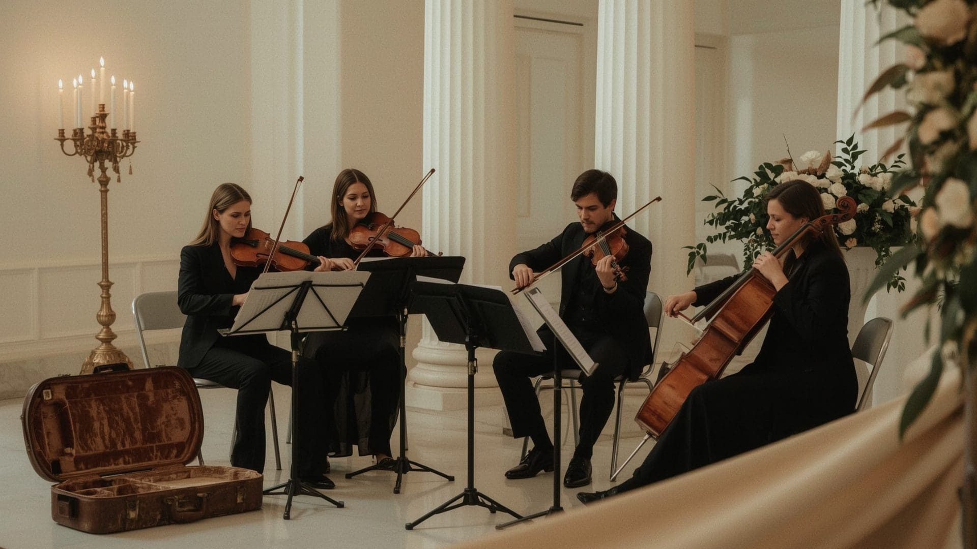 String quartet performing live music at elegant indoor wedding ceremony venue