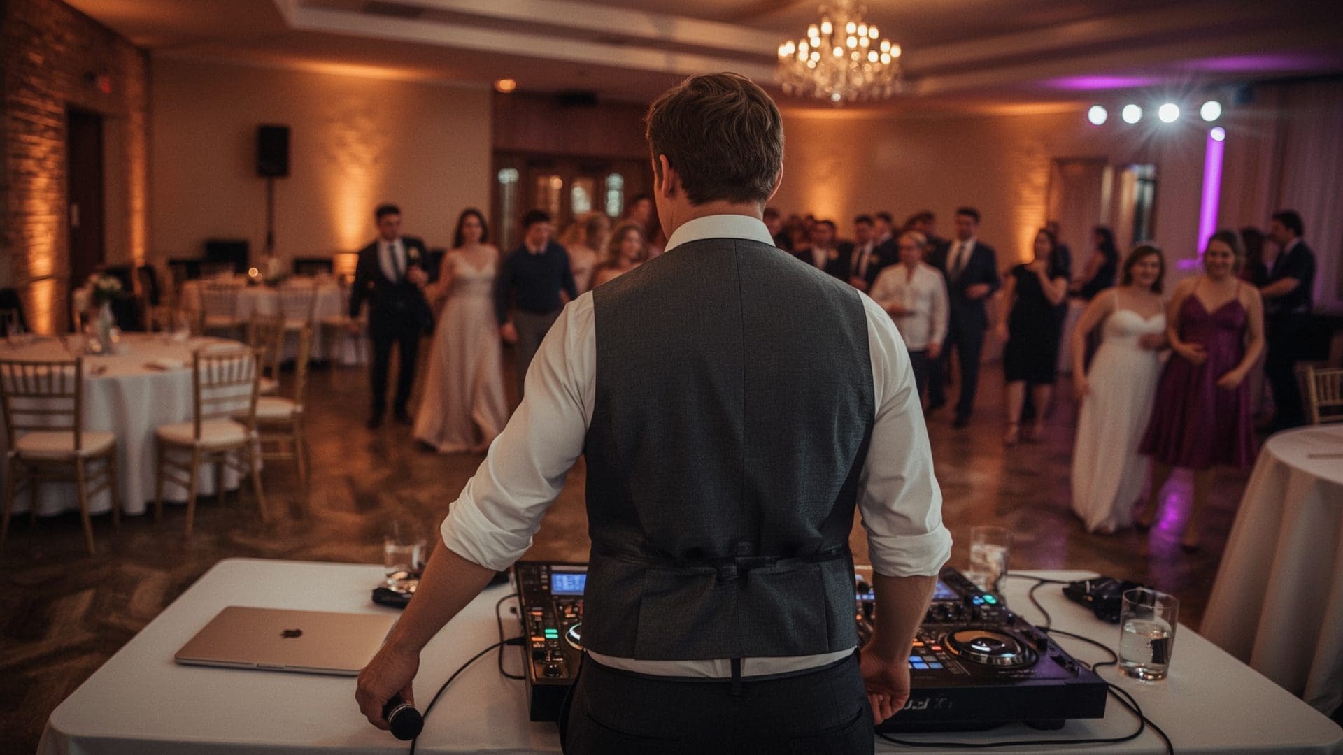 Wedding DJ adjusting mixer at reception with warm uplighting and dancing guests