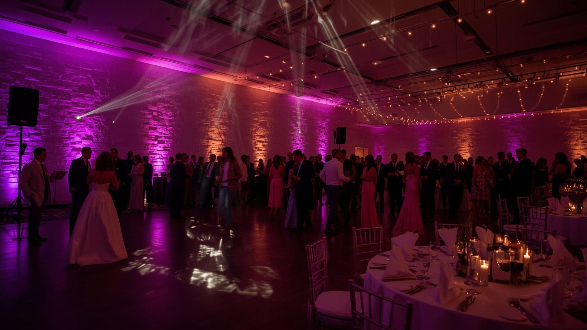 Wedding reception ballroom with dramatic purple and amber uplighting and dancing guests
