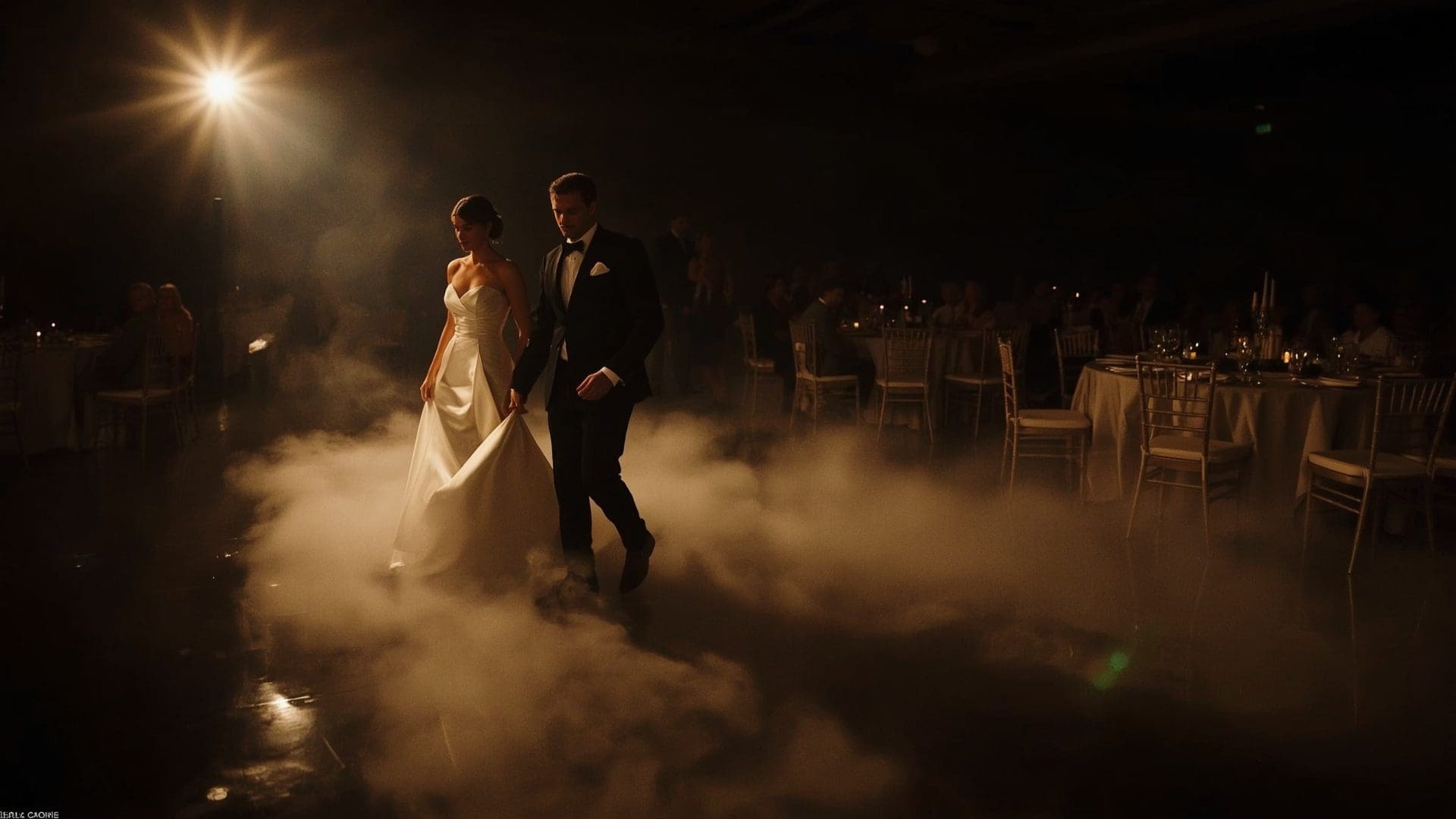 Bridal party couple walking through fog machine spotlight during dramatic wedding reception entrance
