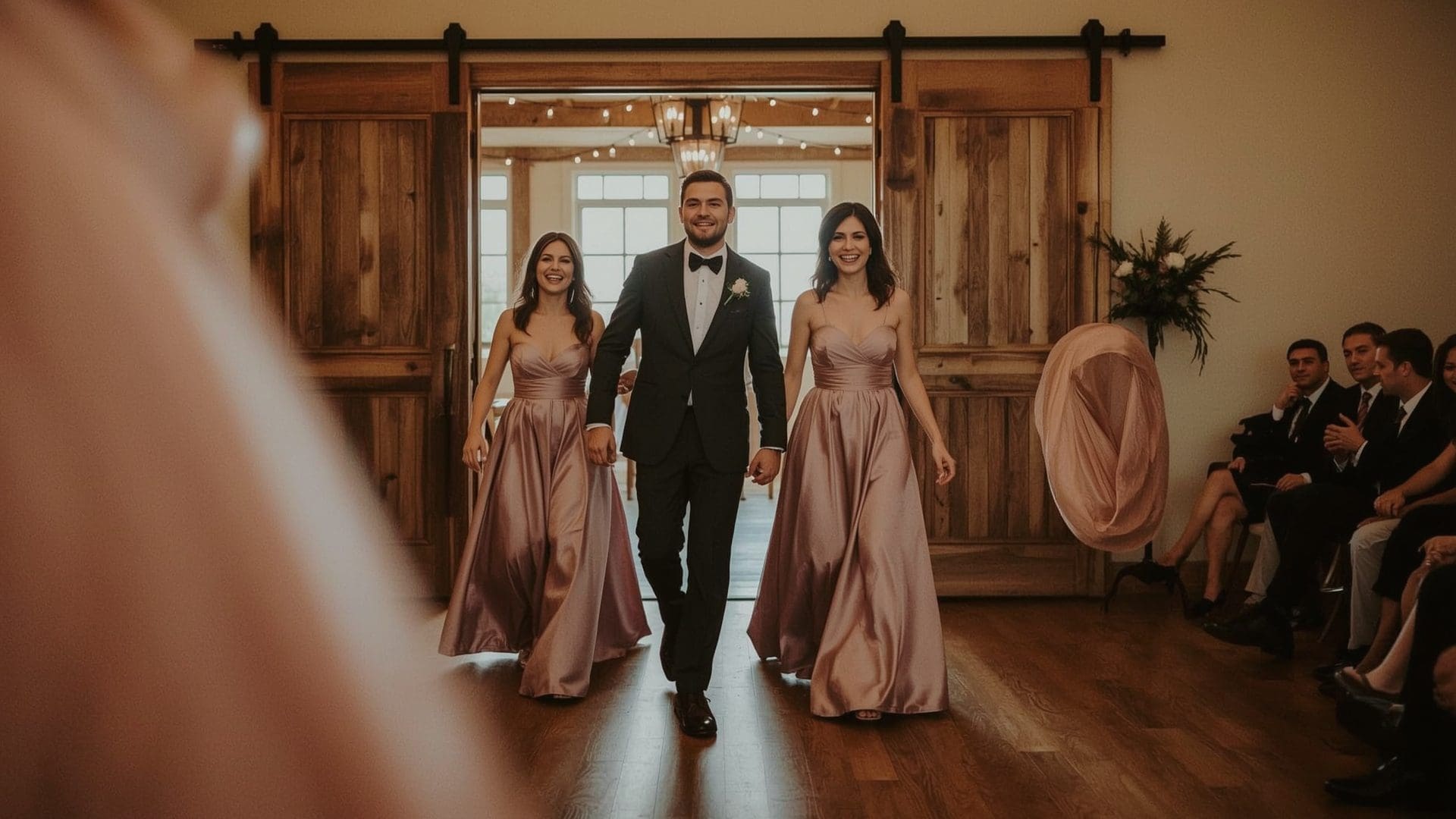 Bridal party laughing mid-entrance through wooden reception hall doors at wedding