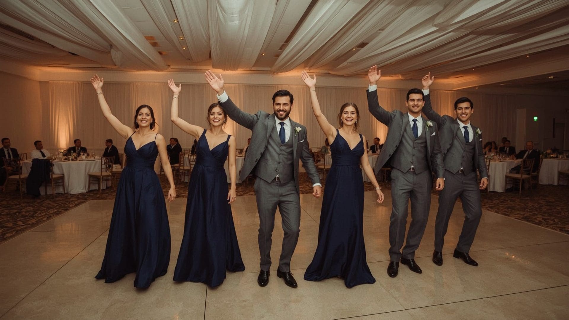 Bridal party performing synchronized choreographed dance entrance at wedding reception ballroom
