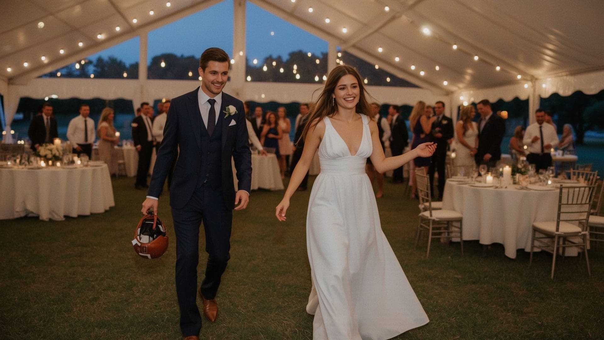 Bride and groomsman holding themed prop during fun sports-themed bridal party entrance