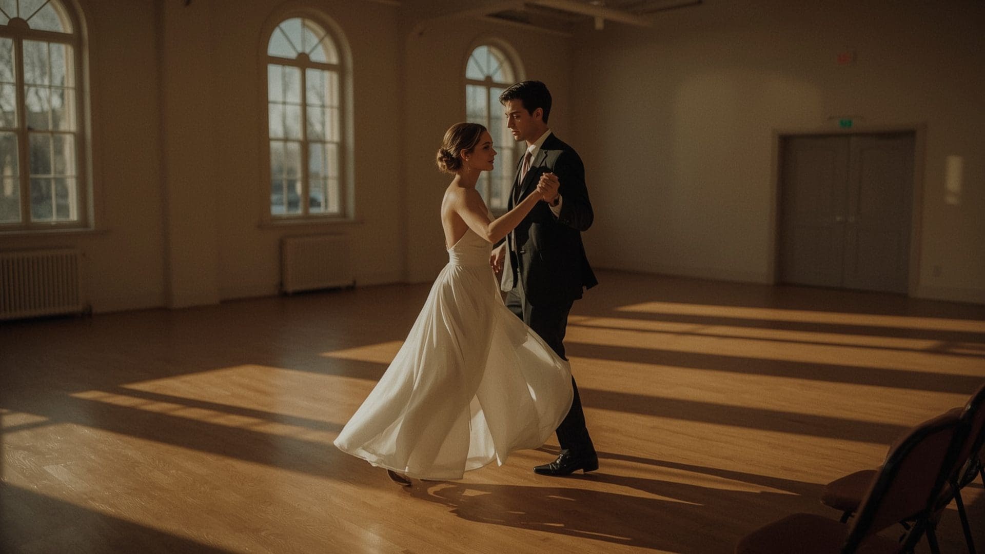 Couple practicing waltz choreography together in a sunlit rehearsal ballroom