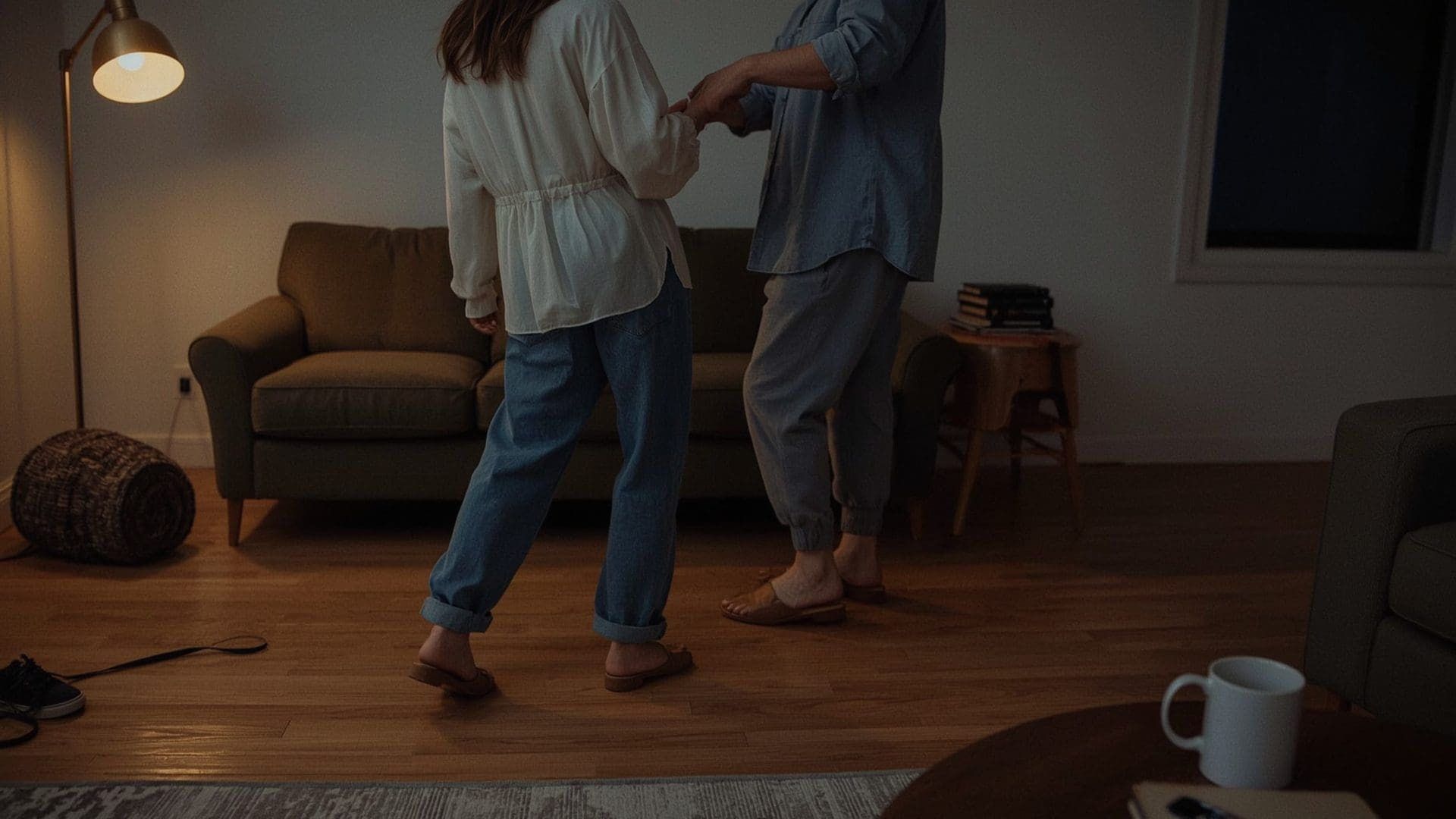Couple practicing wedding first dance choreography in cleared living room at home