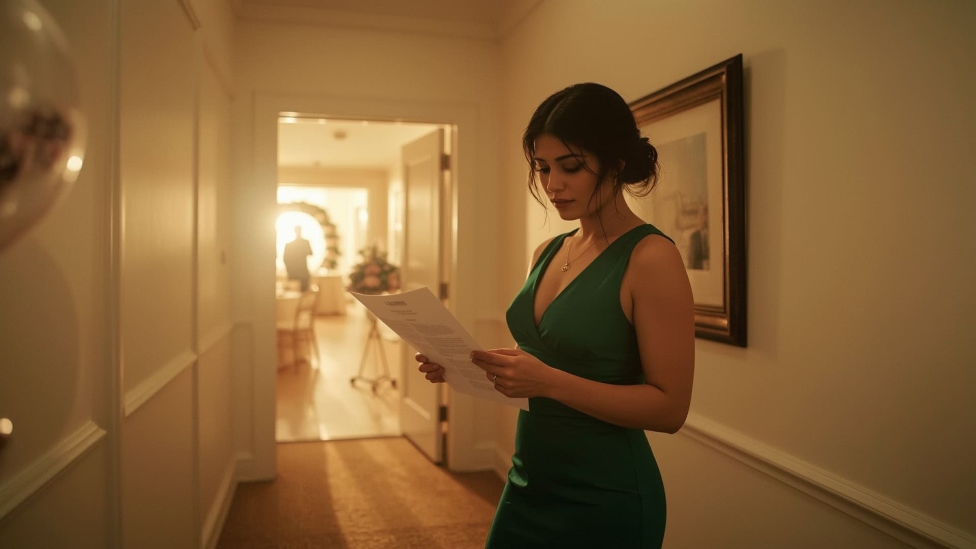 Event coordinator reviewing day-of DJ checklist outside decorated quinceañera ballroom