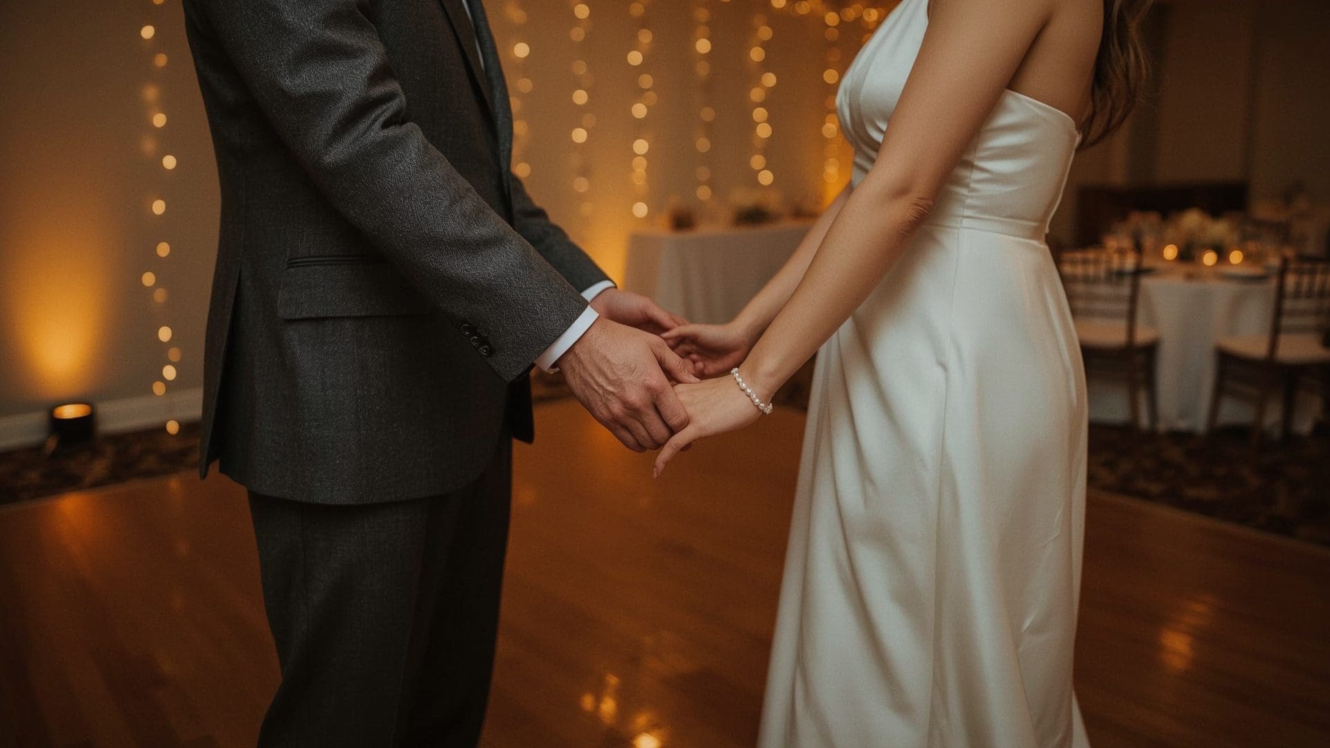 Father and daughter holding hands at wedding reception before dance begins