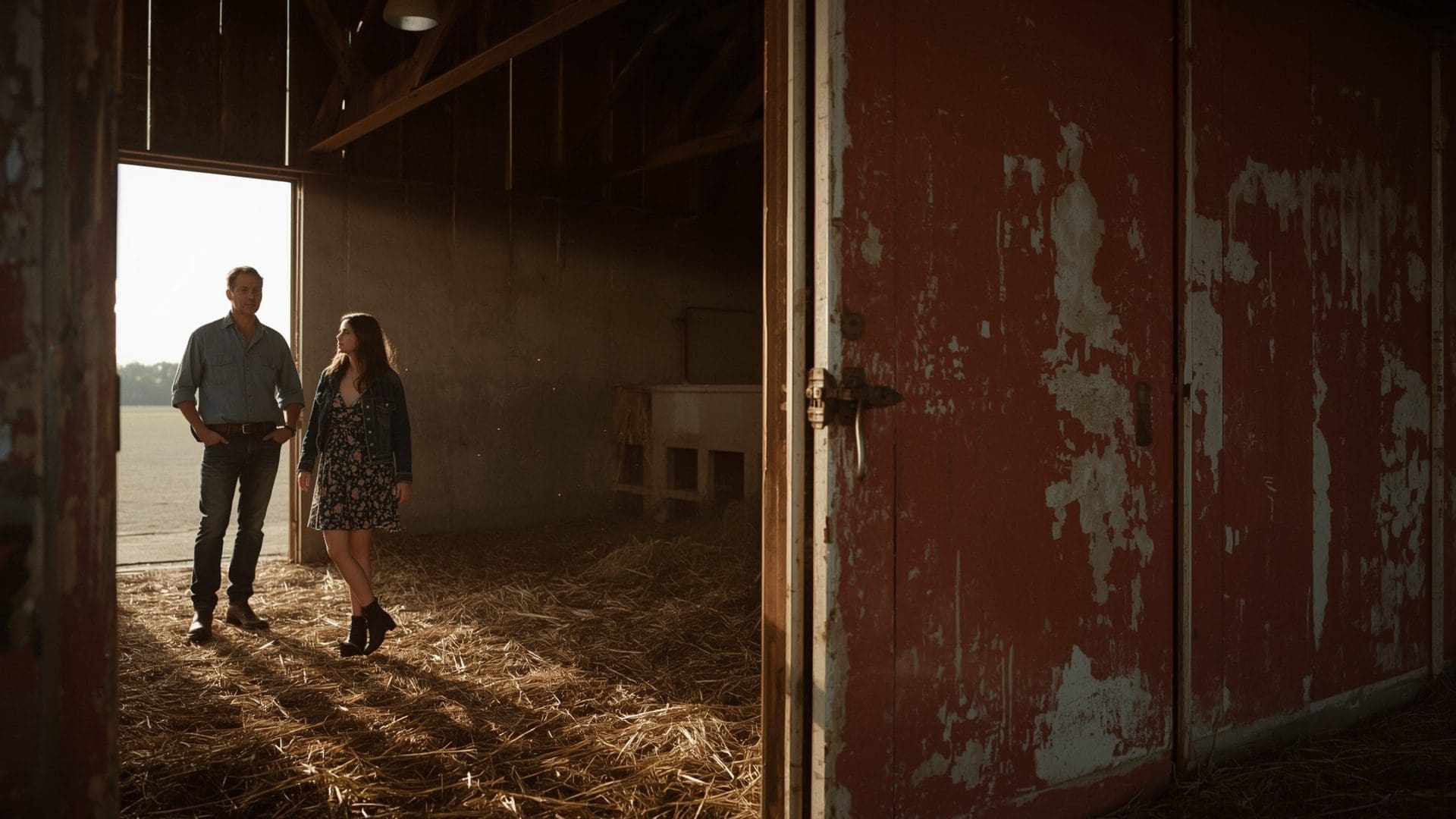 Father and daughter in barn doorway at golden hour evoking country wedding mood