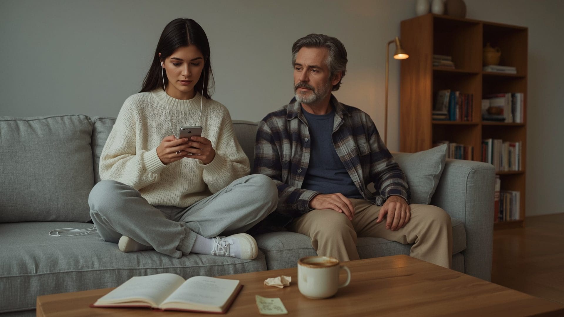 Father and daughter listening to wedding song options together on couch at home