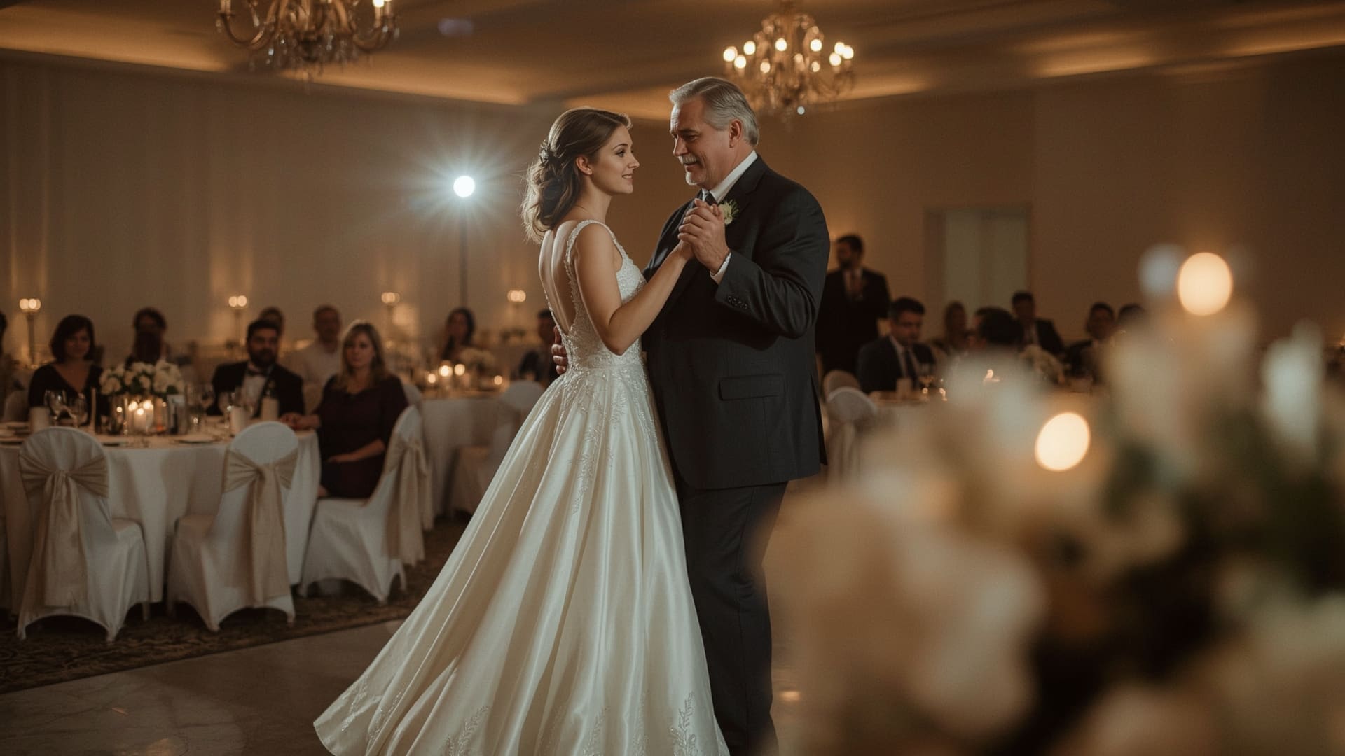Father and daughter sharing emotional quinceañera waltz dance in softly lit banquet hall