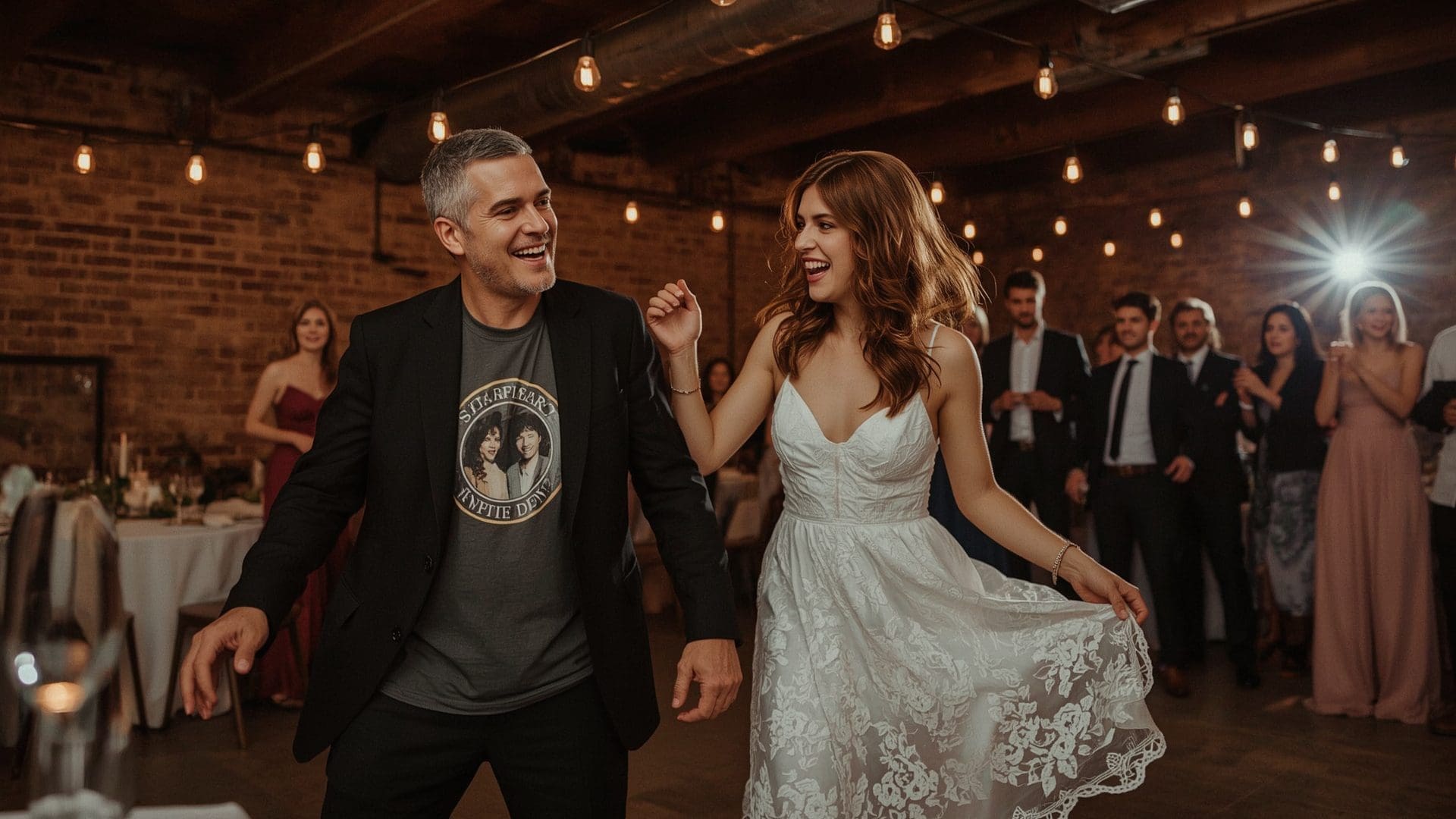 Father laughing as daughter spins on wedding dance floor in joyful candid moment