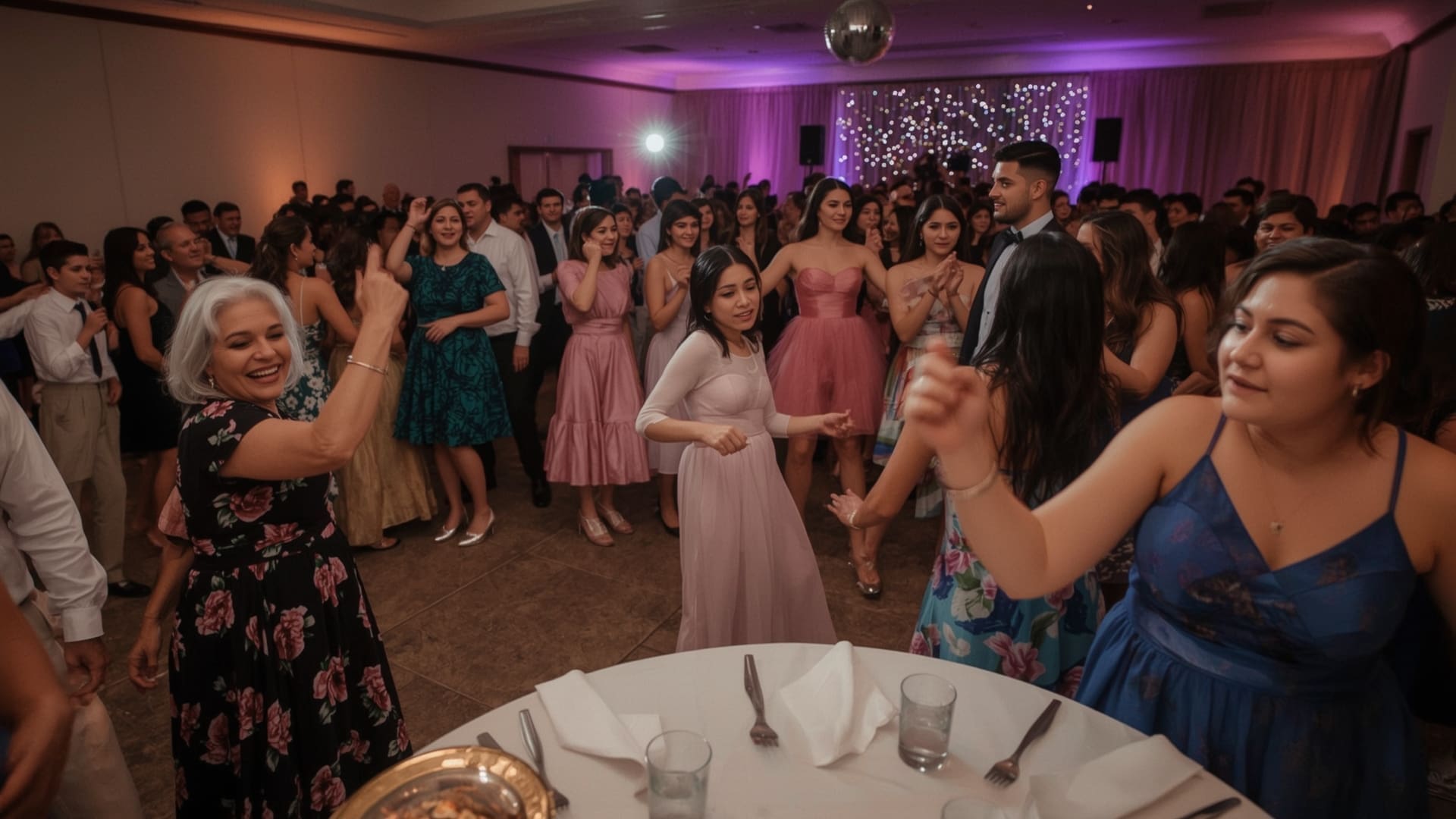 Multi-generational family crowd dancing at quinceañera reception under warm amber lighting