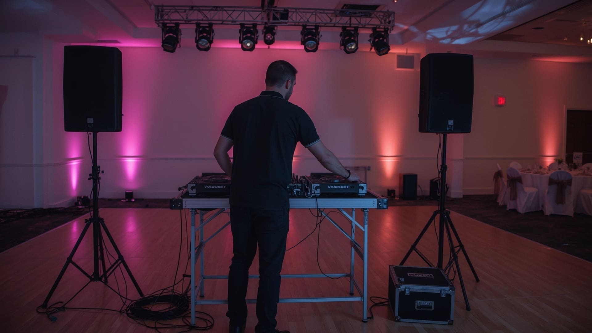 Professional DJ setting up sound and lighting equipment in banquet hall before quinceañera