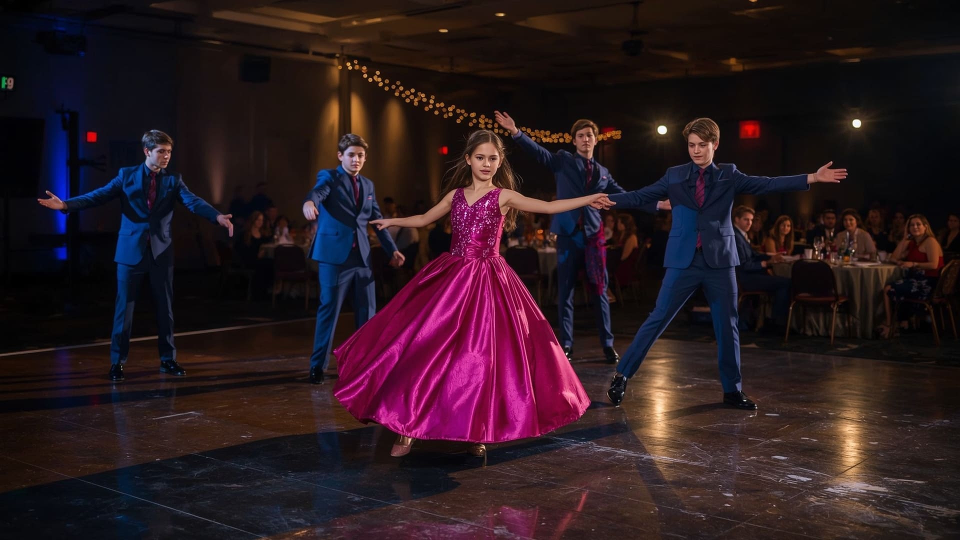 Quinceañera surprise dance performance group mid-choreography under colorful reception lighting
