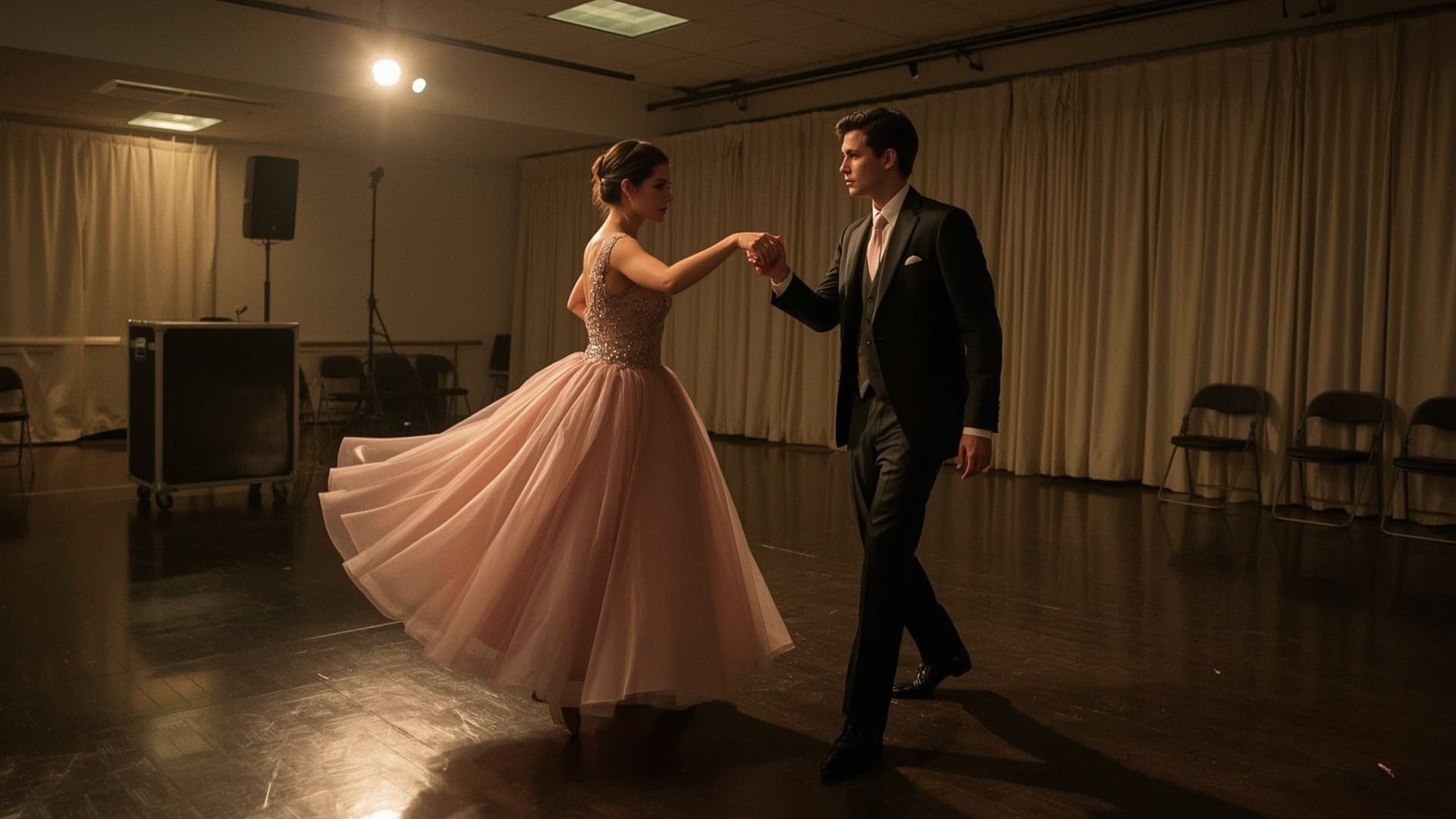 Teen girl in ballgown rehearsing quinceañera waltz in decorated rehearsal hall