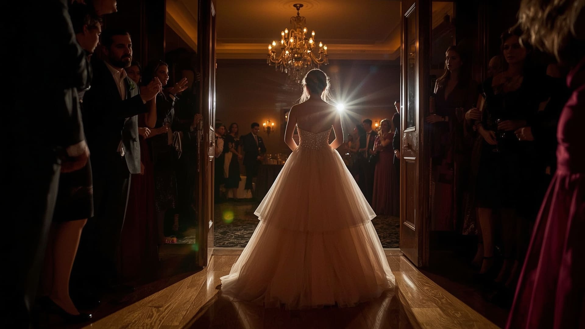 Young woman in blush ballgown entering quinceañera reception hall through lit doorway