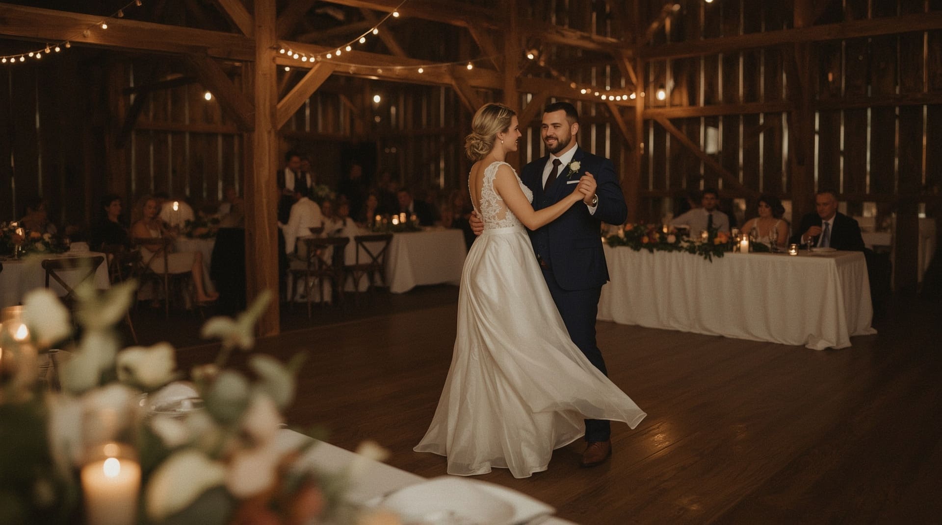 Couple sharing a romantic country wedding first dance in a rustic barn