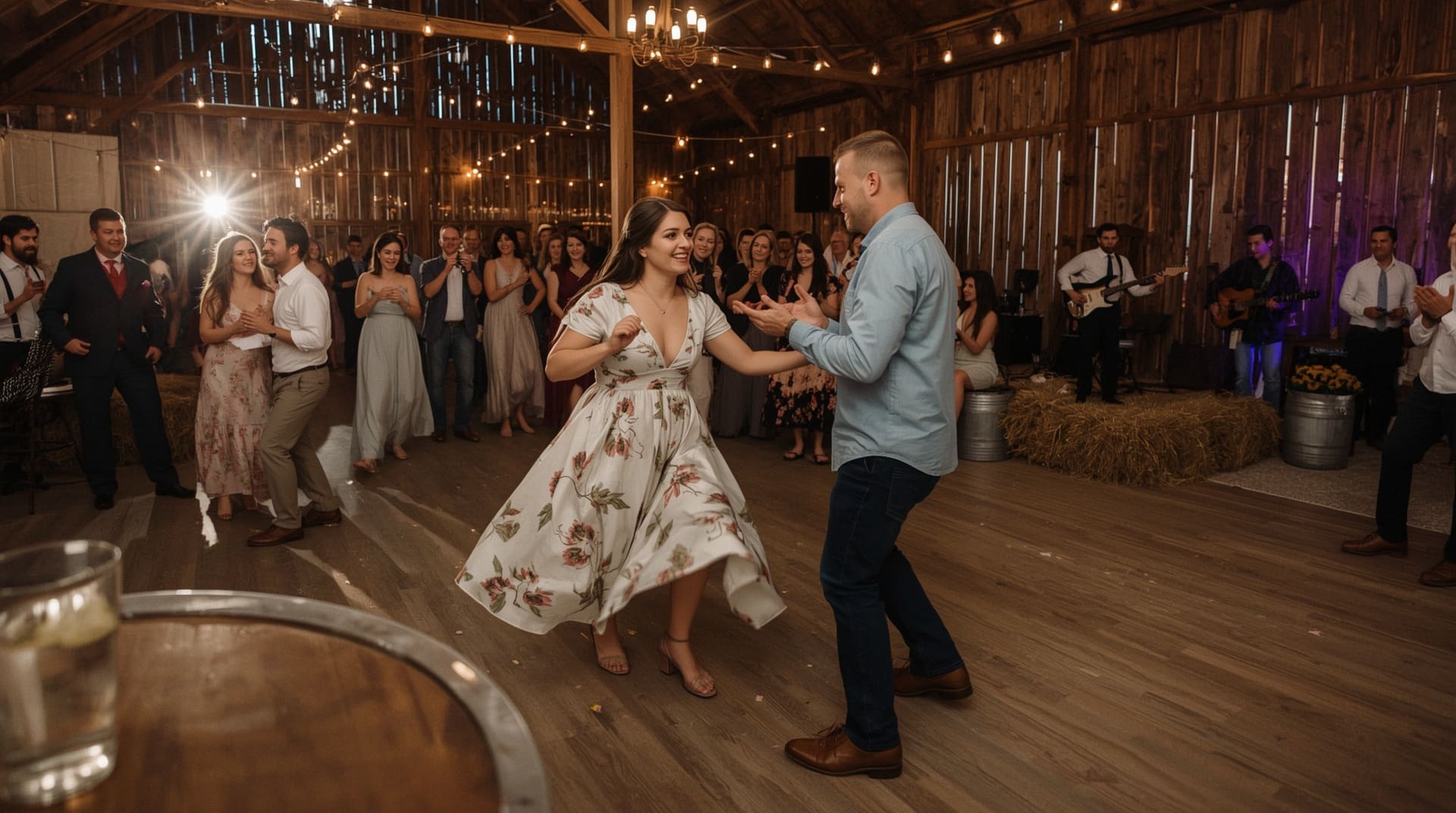 Energetic guests dancing at a lively outdoor country barn wedding reception