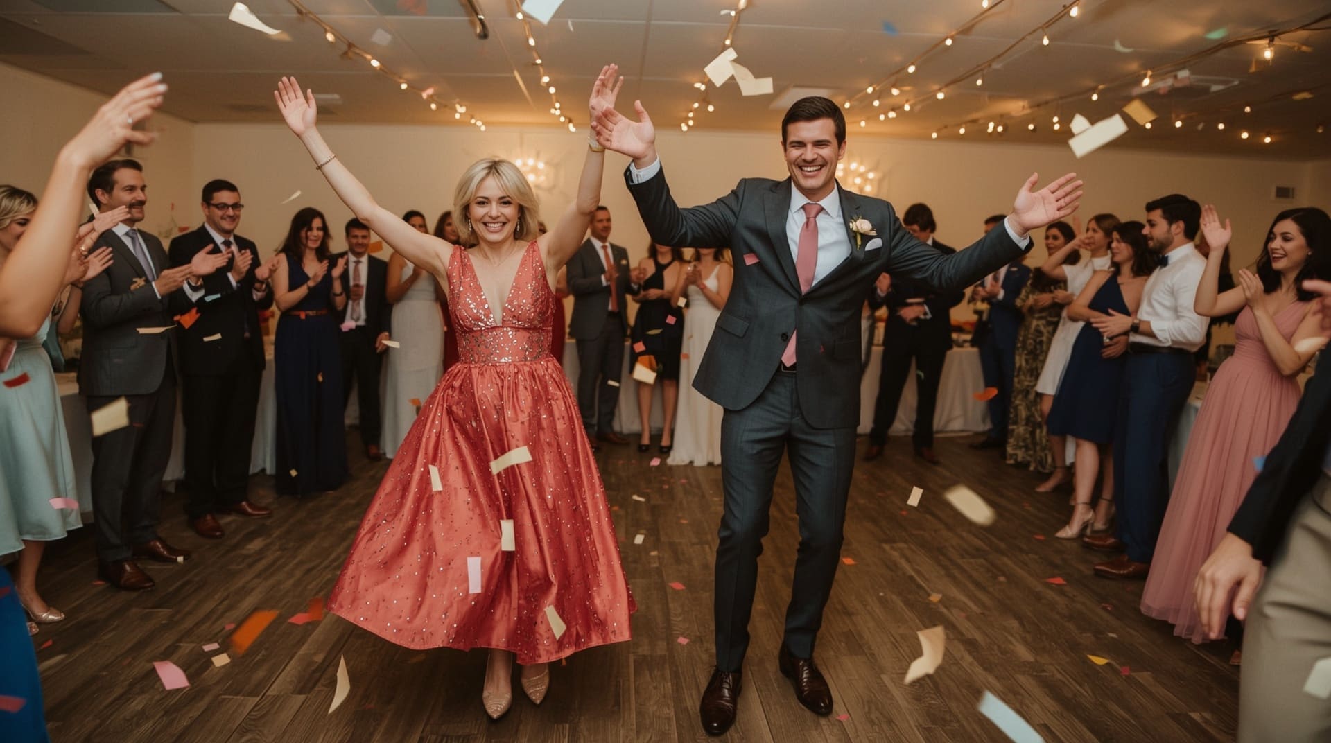 Mother and son laughing and spinning during upbeat celebratory wedding dance