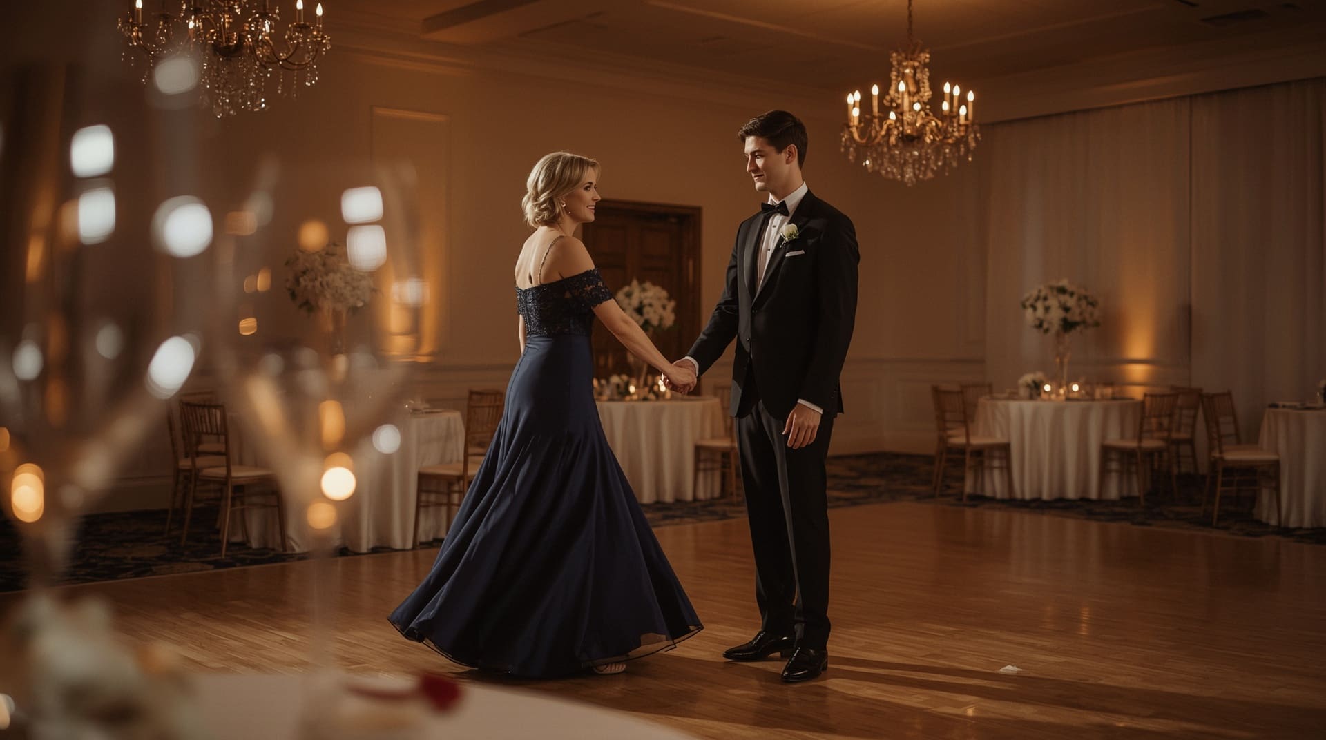 Mother and son sharing elegant slow dance at classic wedding reception
