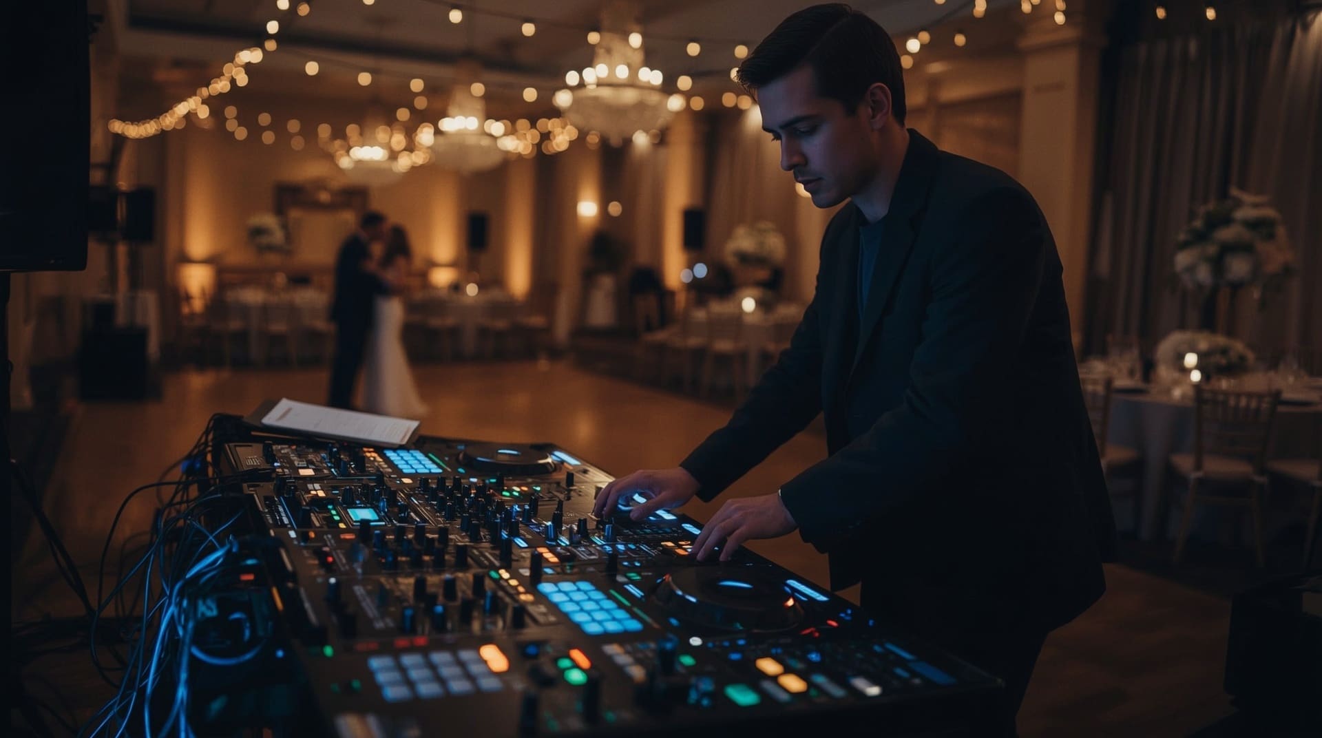 Wedding DJ adjusting mixing console at reception venue before bouquet toss