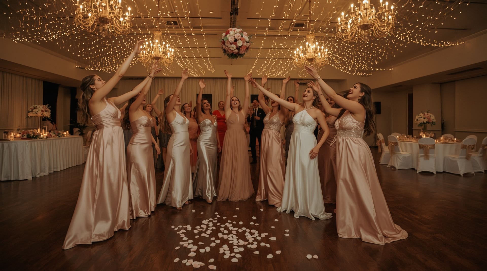 Women reaching for bridal bouquet toss on wedding reception dance floor