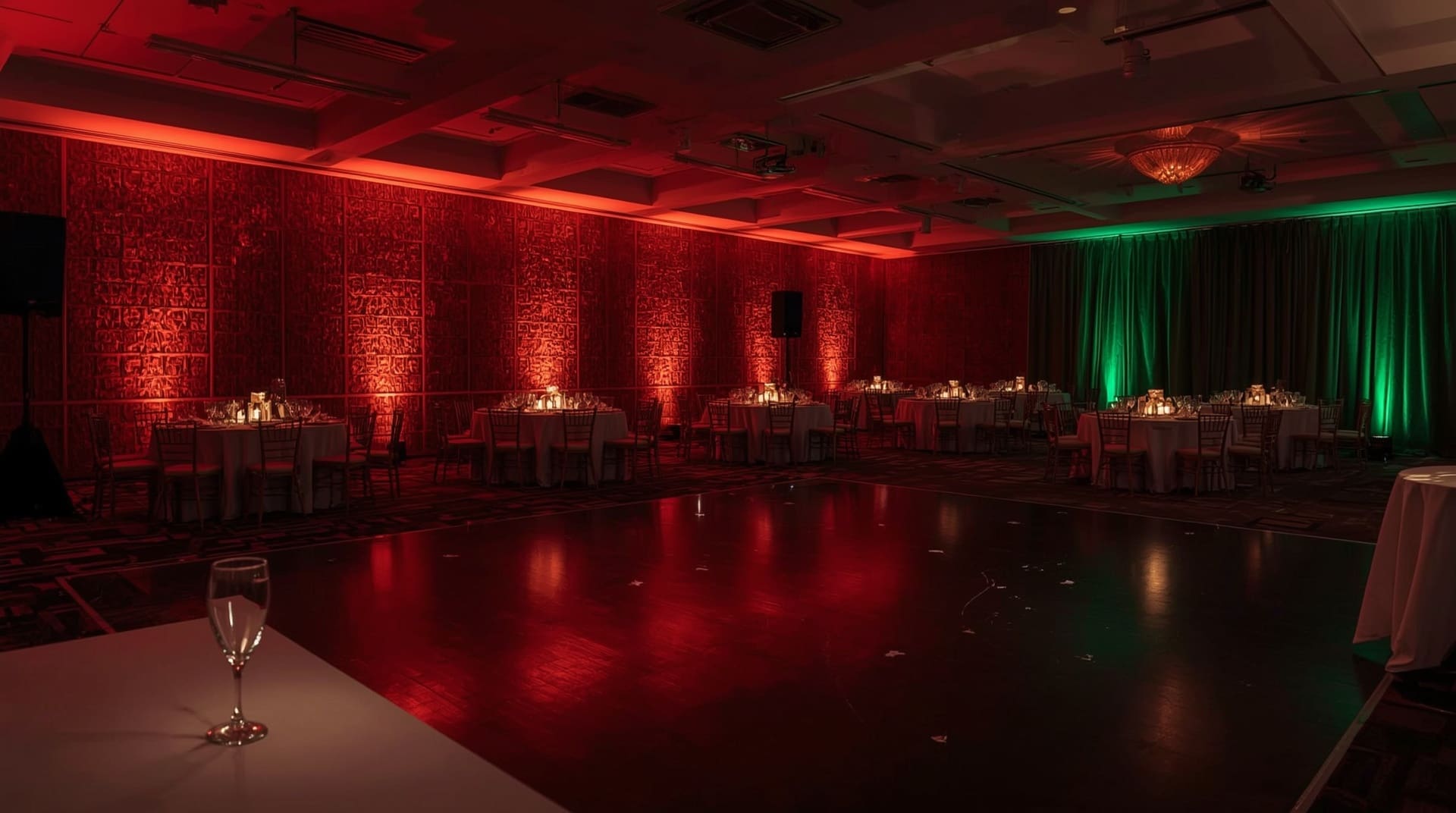 Corporate holiday party ballroom transformed by crimson and green event uplighting atmosphere