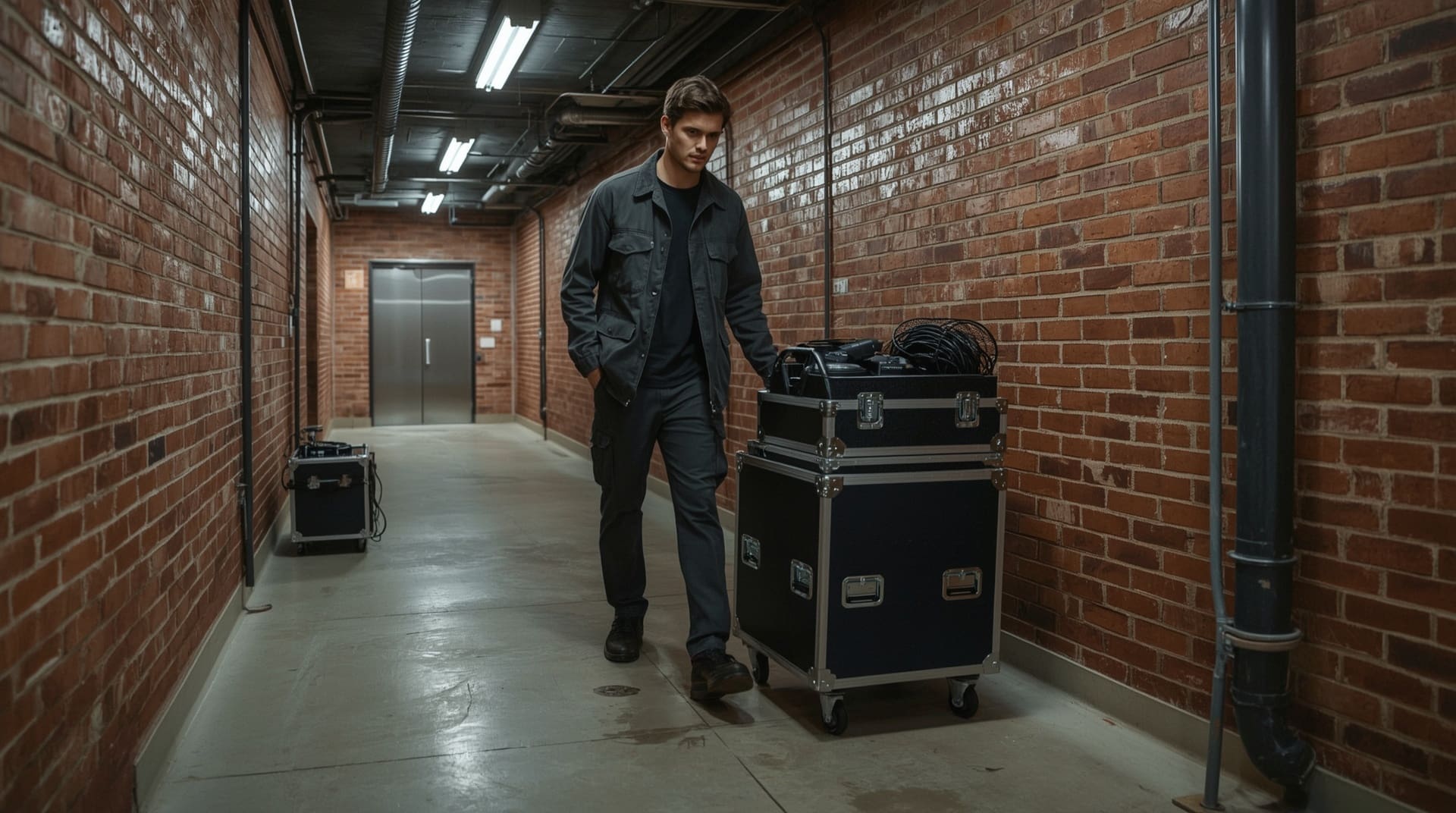 DJ loading audio equipment through urban venue service corridor before an event