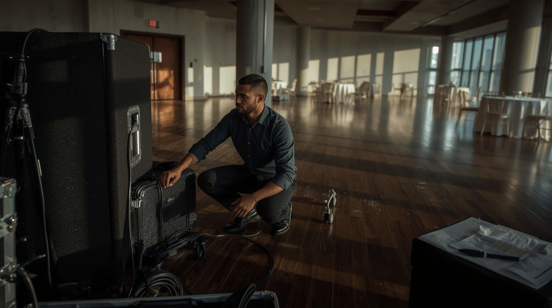 Event technician assessing speaker placement during corporate venue setup