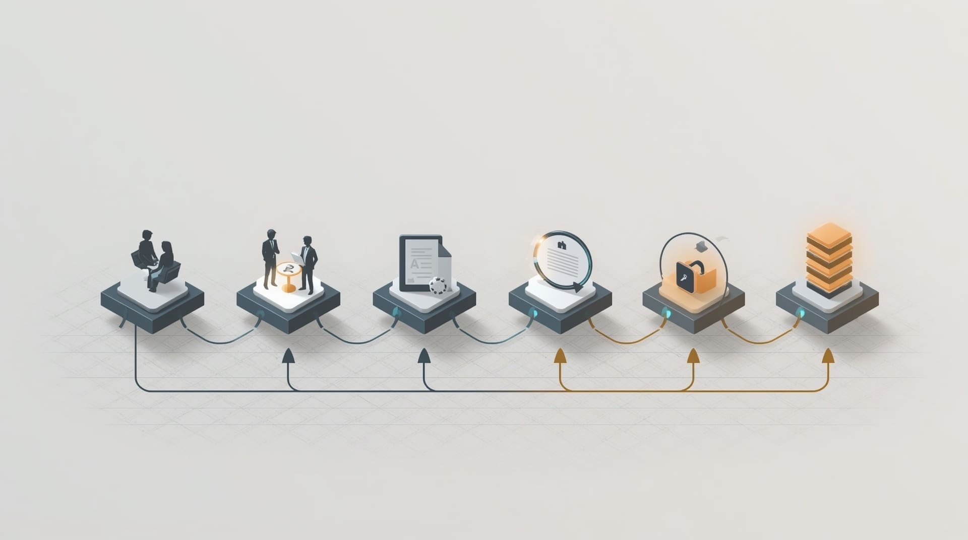Five-step isometric infographic illustrating the corporate DJ booking process from inquiry to event day
