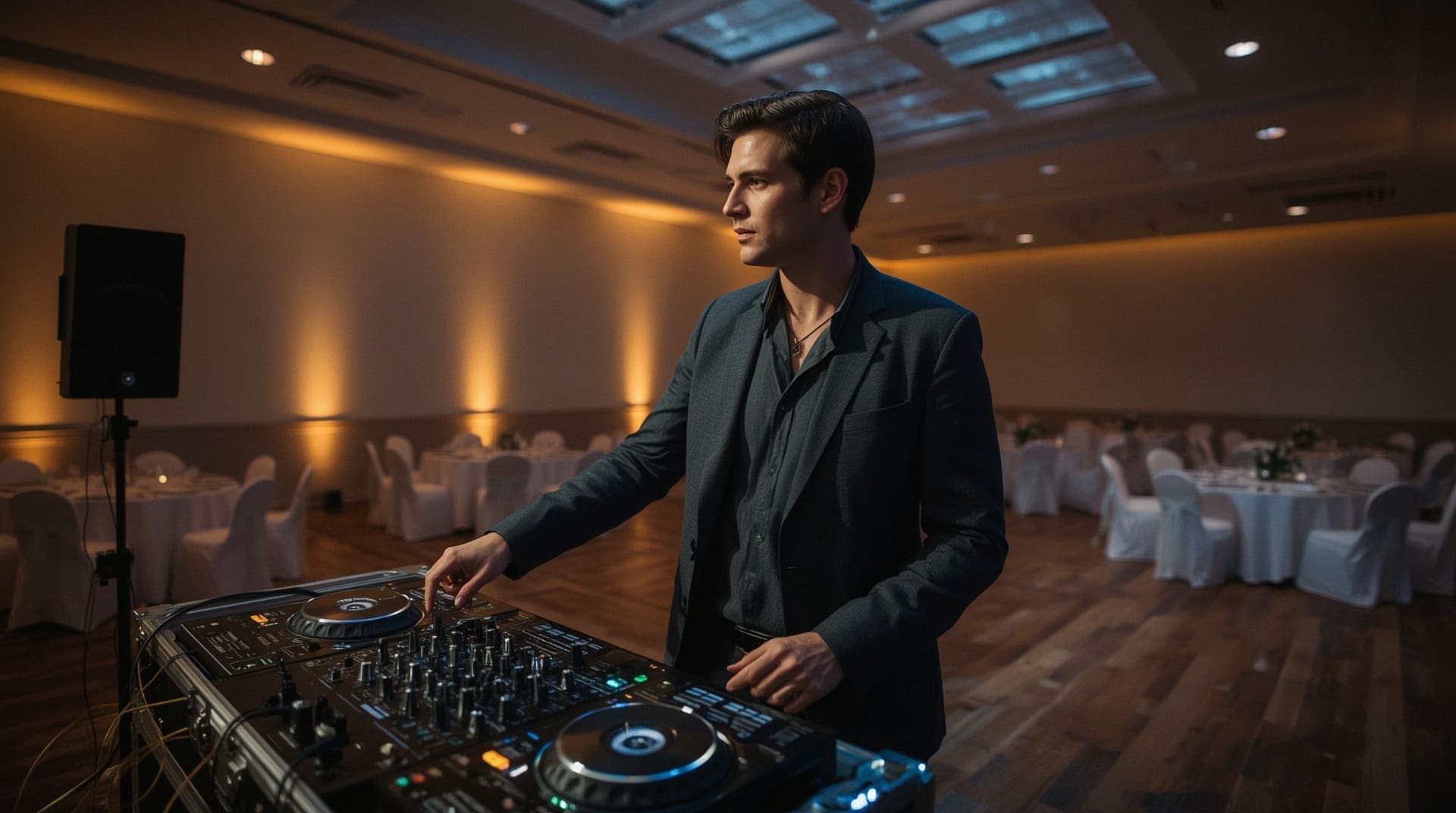 Professional corporate event DJ operating sound equipment inside a Raleigh ballroom venue