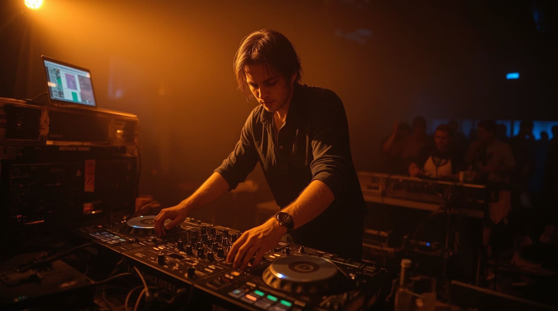 Professional DJ adjusting controller equipment in dimly lit venue during live performance
