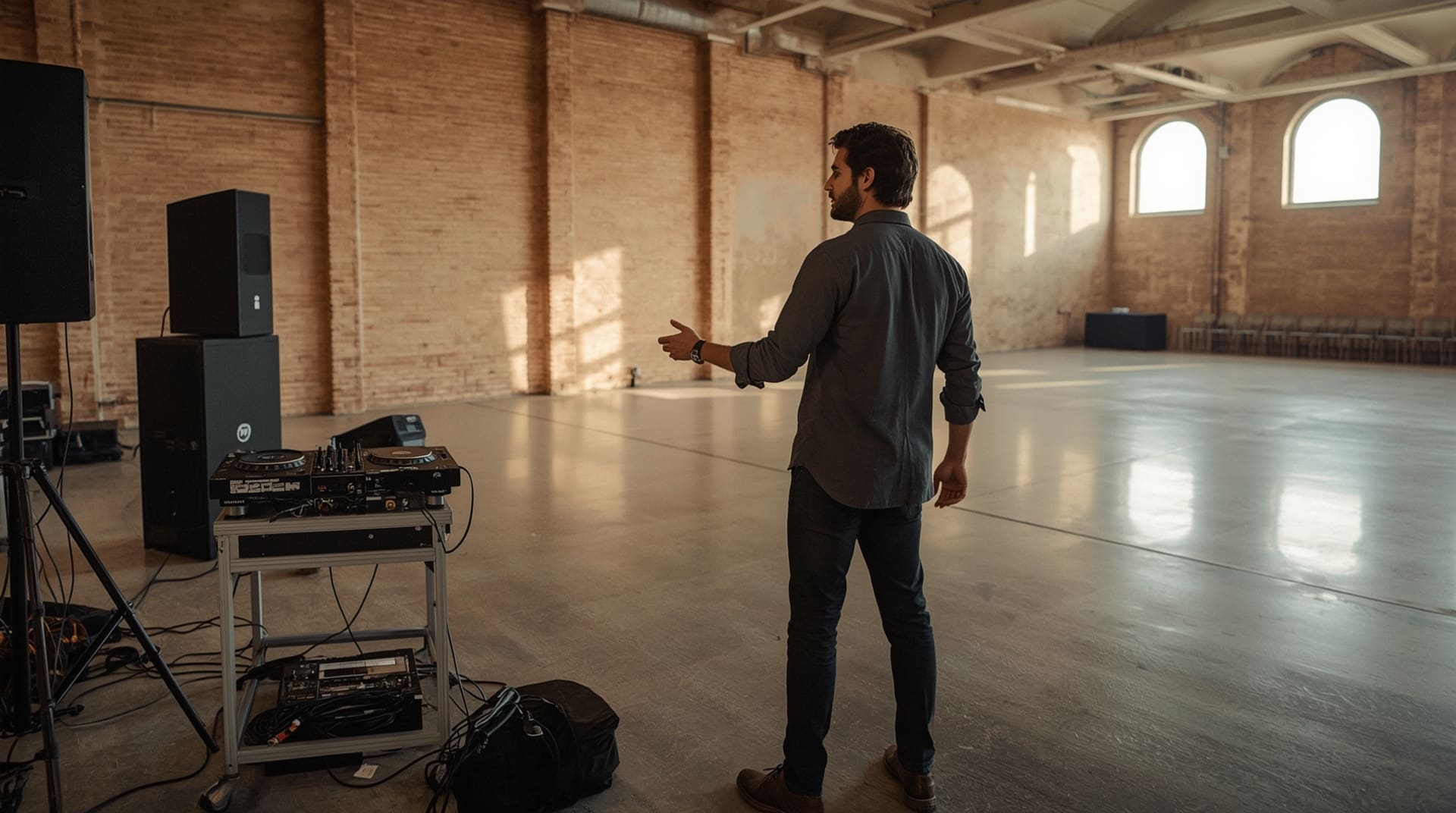 Professional DJ assessing large ballroom venue space with speaker equipment setup