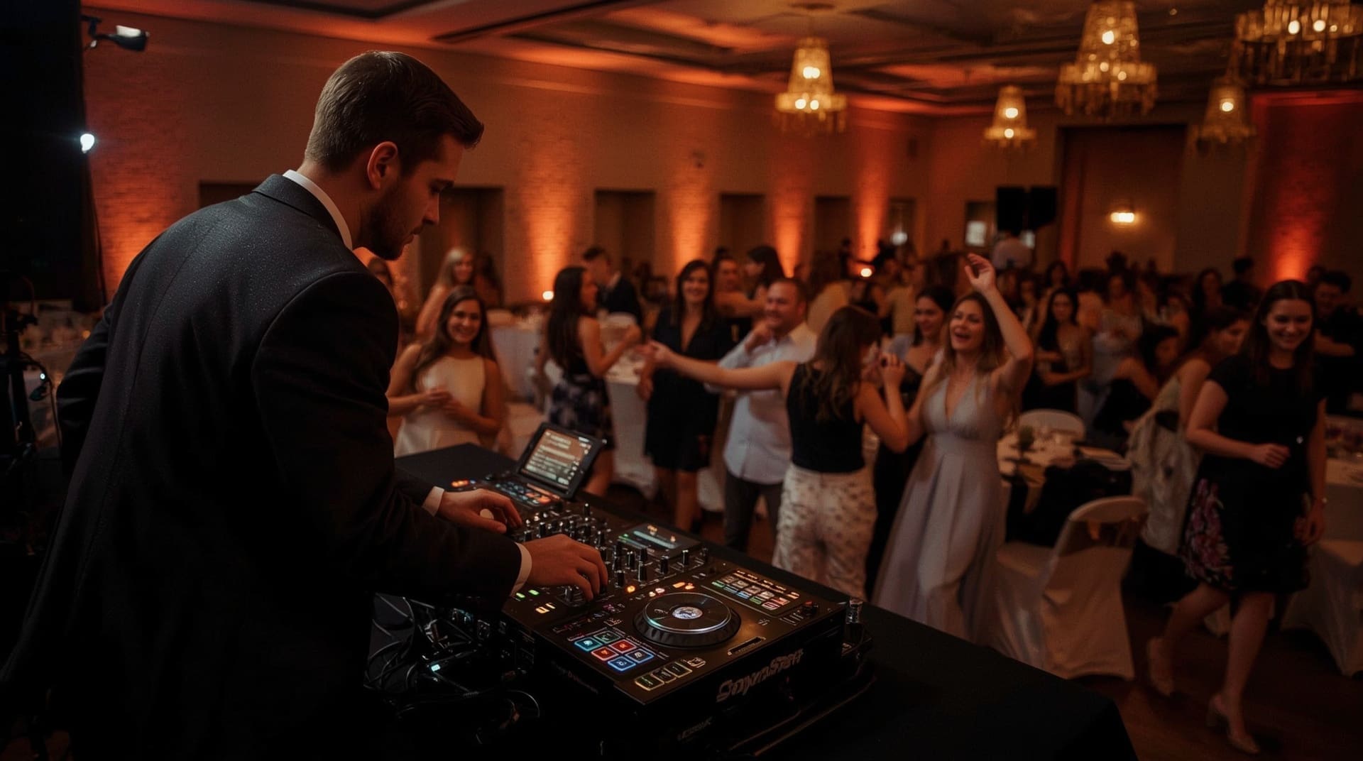 Professional DJ energizing corporate holiday party guests on a warmly lit dance floor