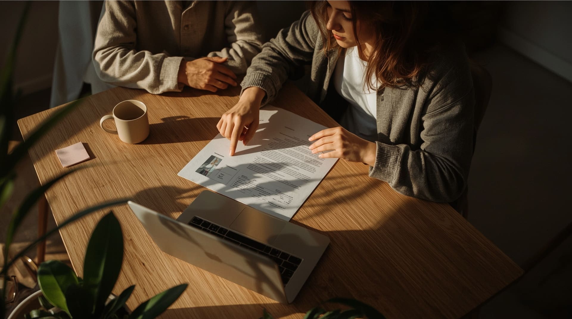 Two people reviewing DJ contract documents together to reduce travel fee costs