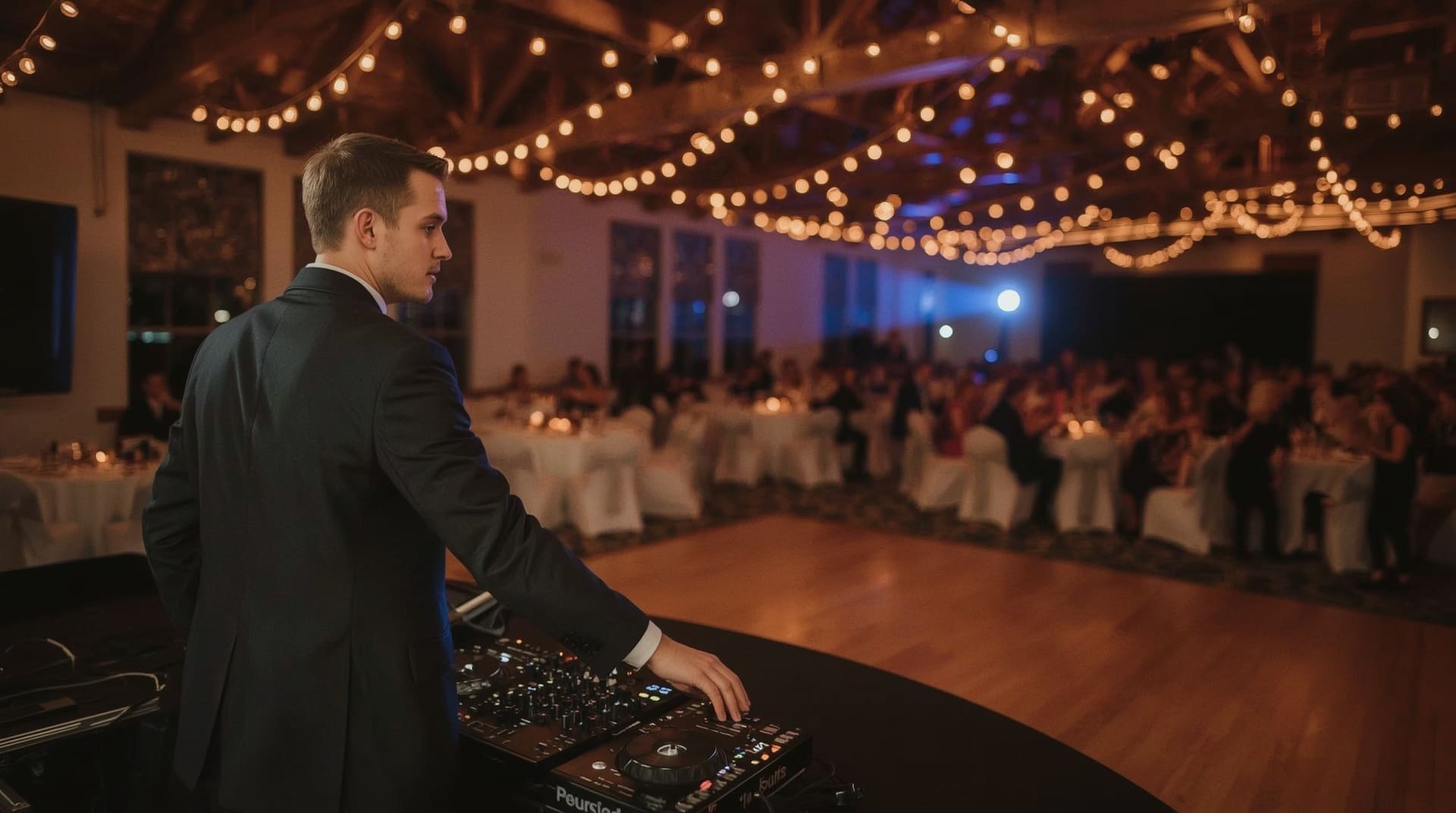 Wedding DJ performing at packed Saturday evening reception hall with warm string lights overhead