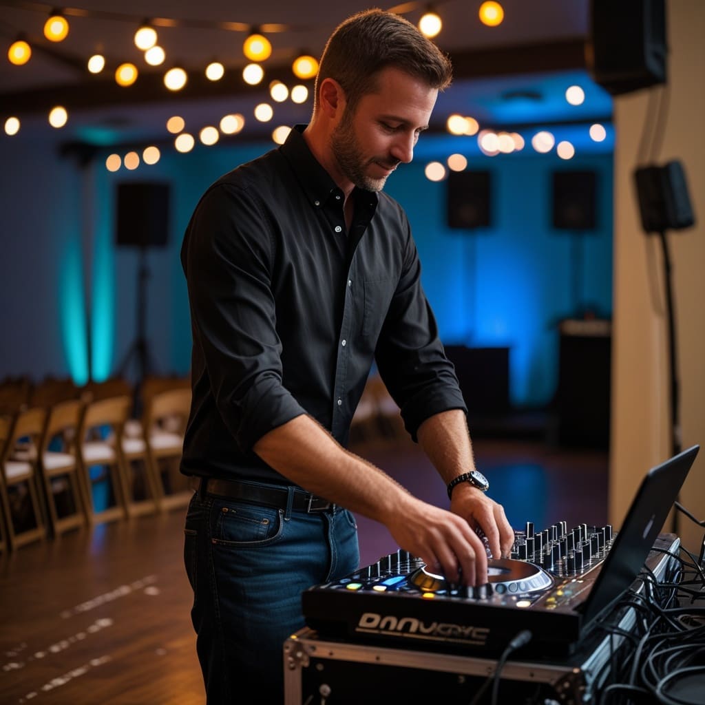 Cover photo showing a wedding DJ setting up equipment at a reception venue before guests arrive.