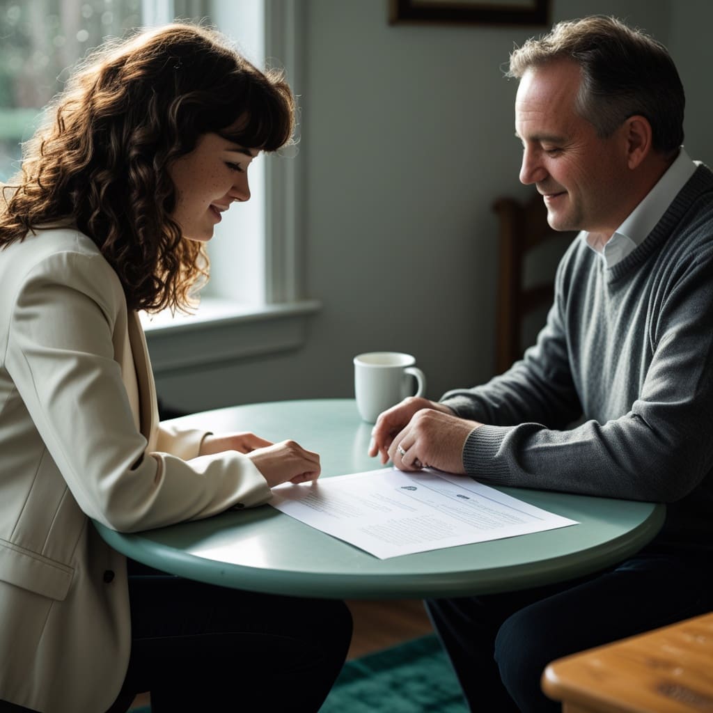 A couple reviewing a wedding DJ contract and package options with a planner at a small table.