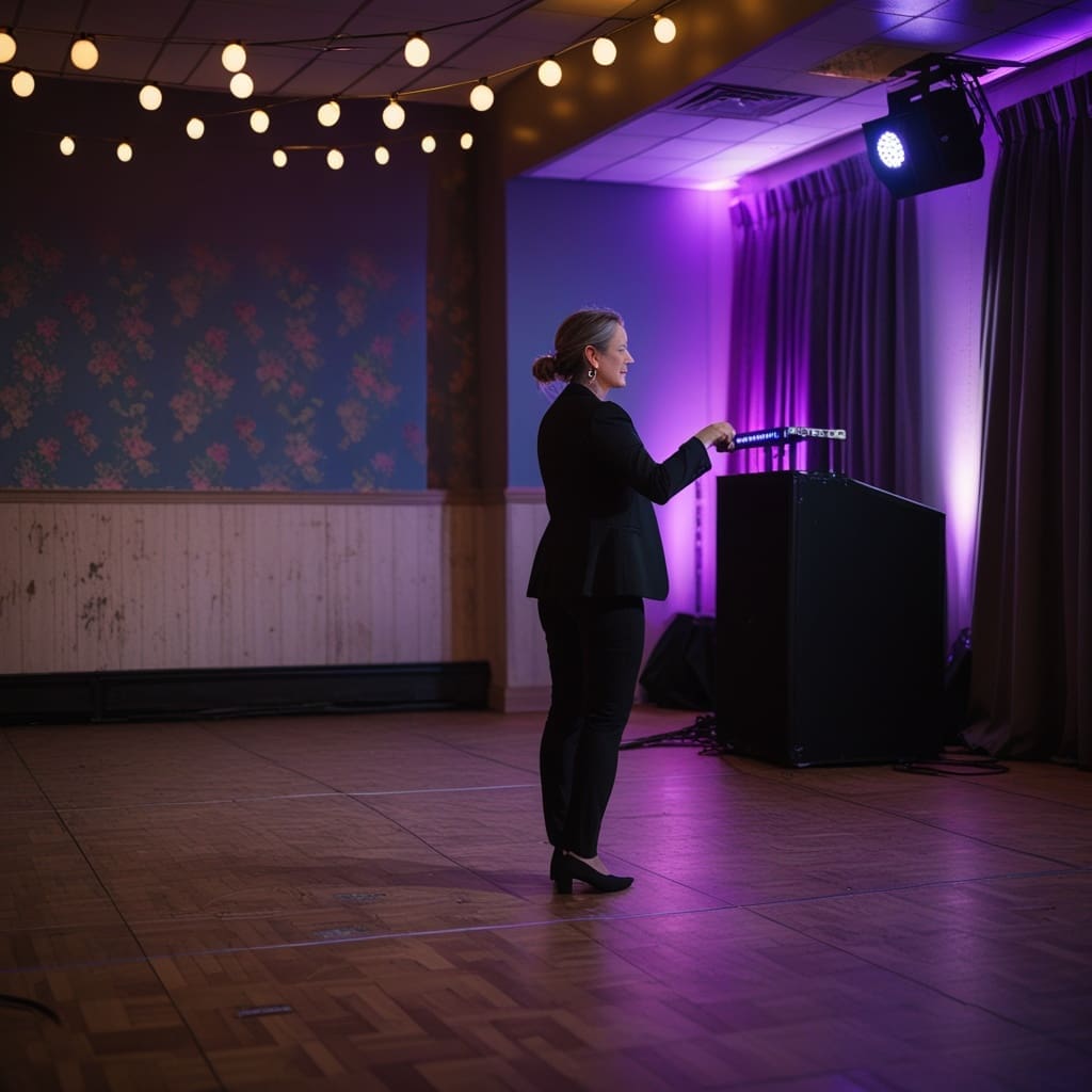 A wedding DJ setup with lighting equipment visible on a dance floor before guests arrive.