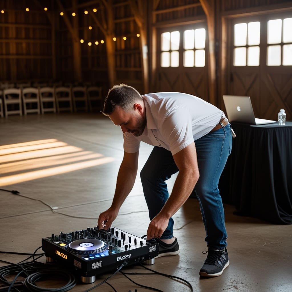 Cover photo of a wedding DJ setting up equipment in a reception hall before guests arrive..