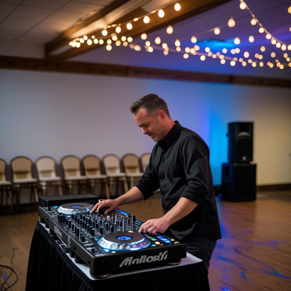 Cover photo showing a wedding DJ setup at a reception venue with speakers and a mixing console visible.